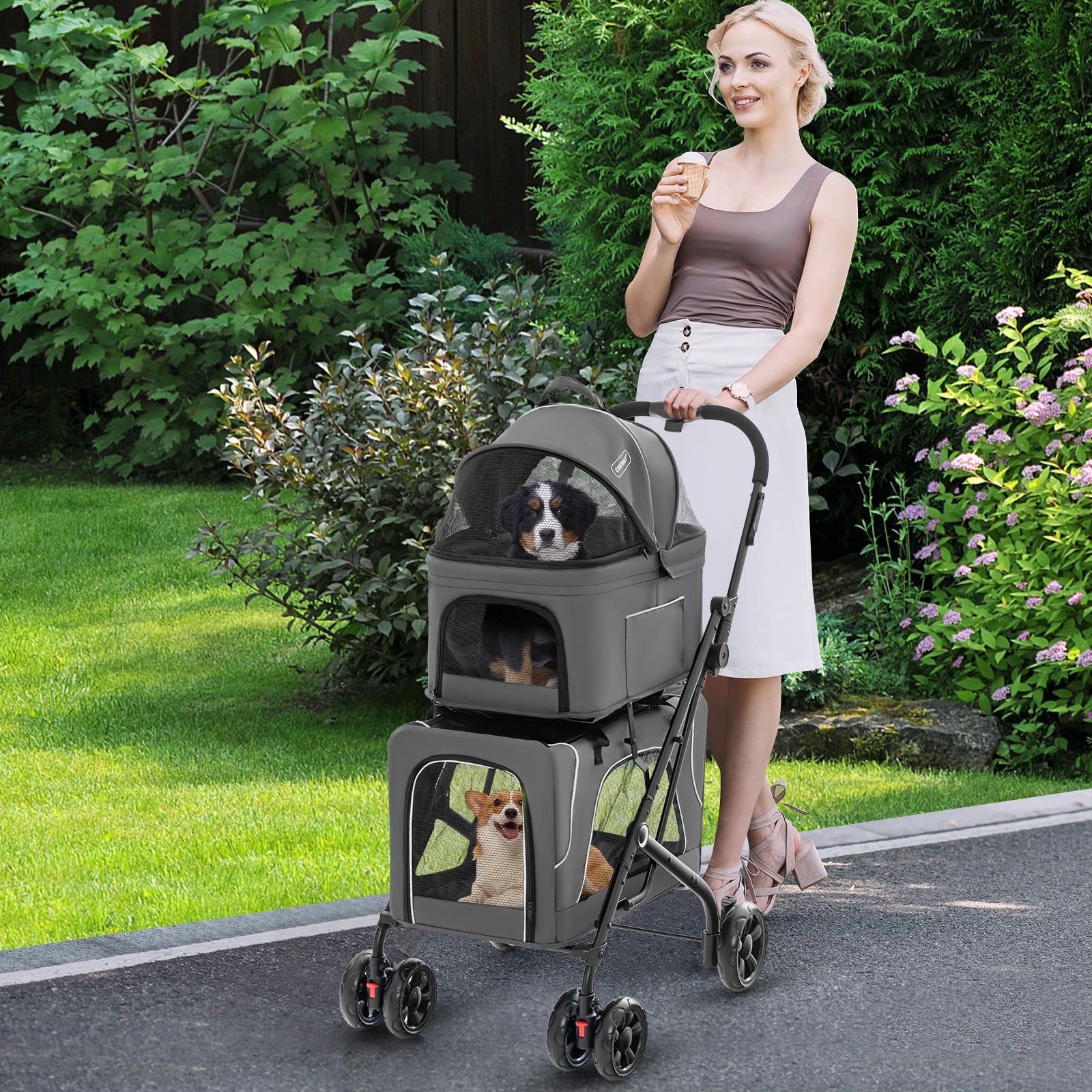 Foldable Double Pet Stroller with Detachable Carriers-Grey