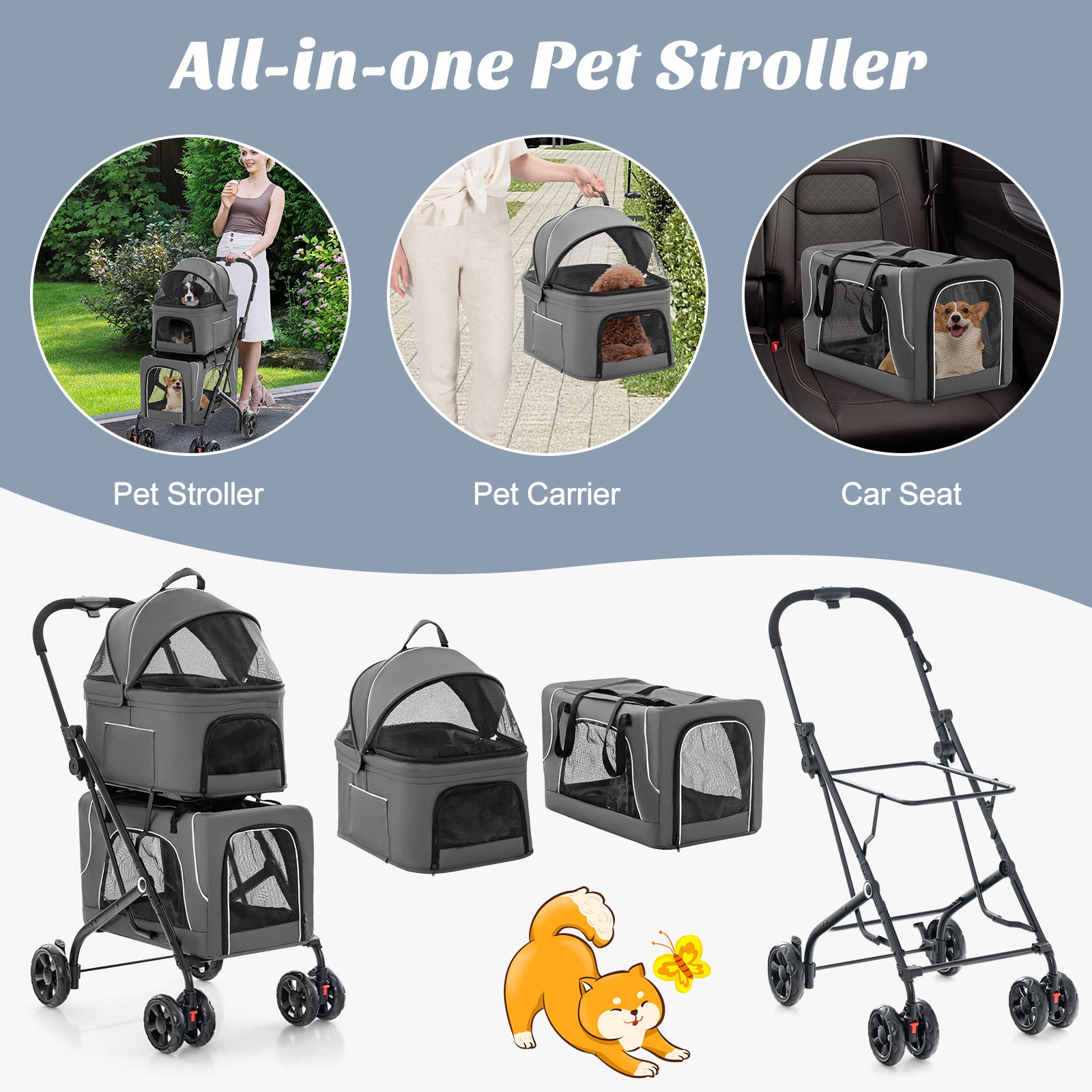 Foldable Double Pet Stroller with Detachable Carriers-Grey