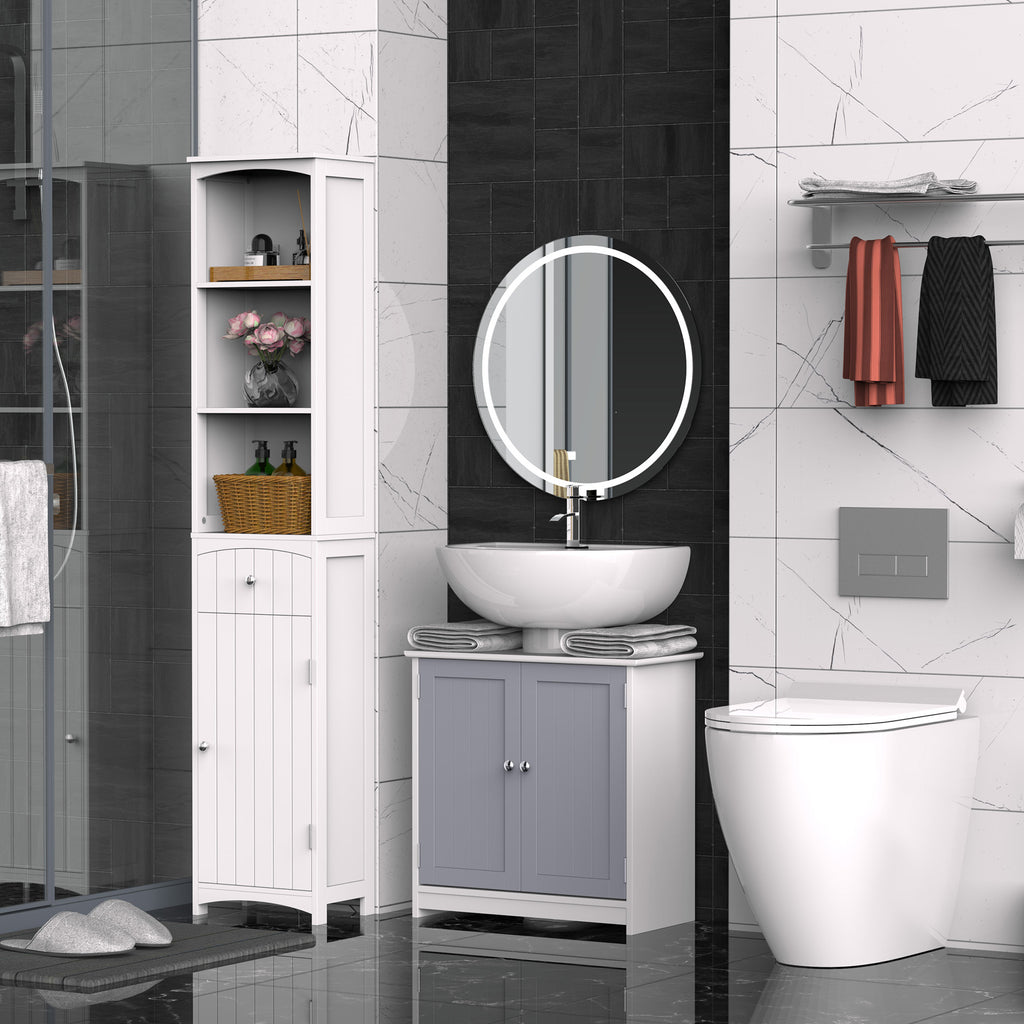 kleankin Vanity Unit Under Sink Bathroom Storage Cabinet w/ Adjustable Shelf Handles Drain Hole Cabinet Space Saver Organizer 60x60cm - White & Grey - Inspirely