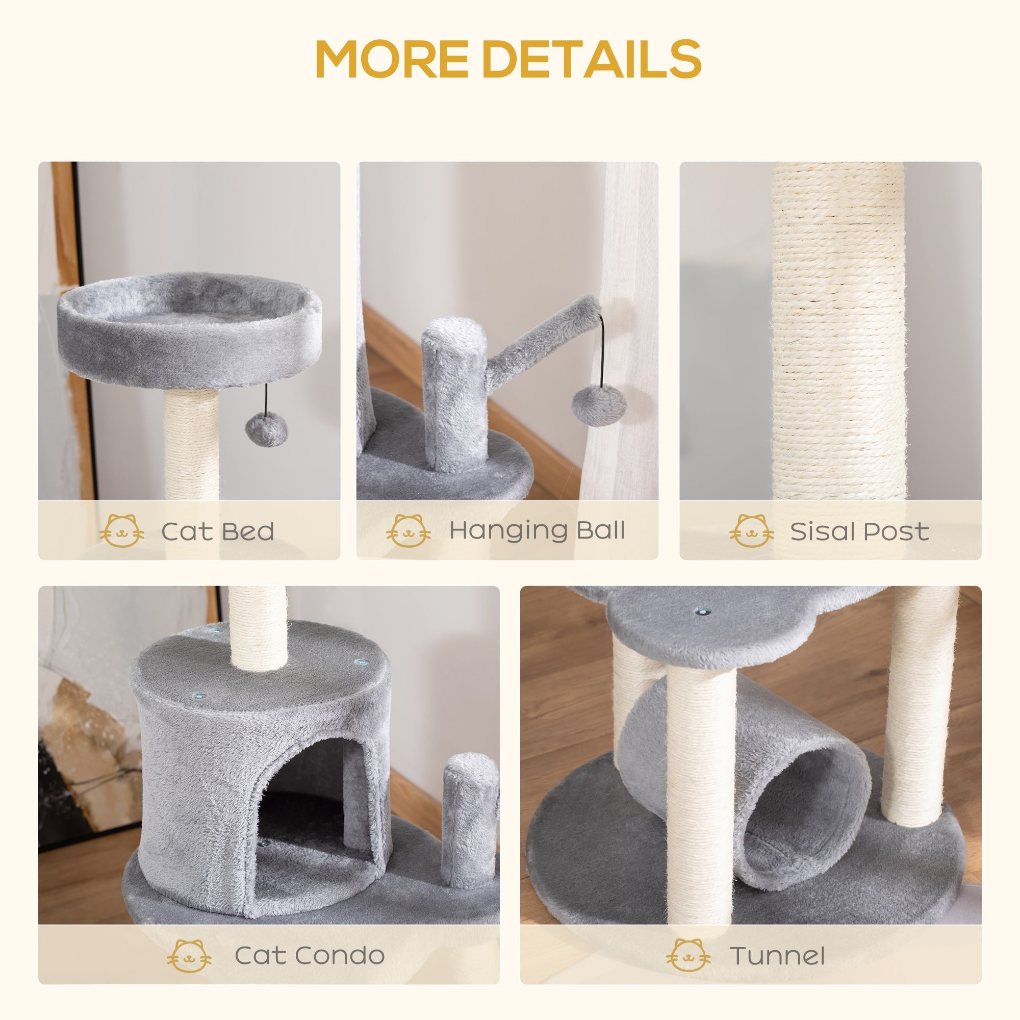 PawHut Cat Tree Tower Climbing Activity Center Kitten Furniture with Jute Scratching Post Bed Tunnel Perch Hanging Balls Grey - Inspirely