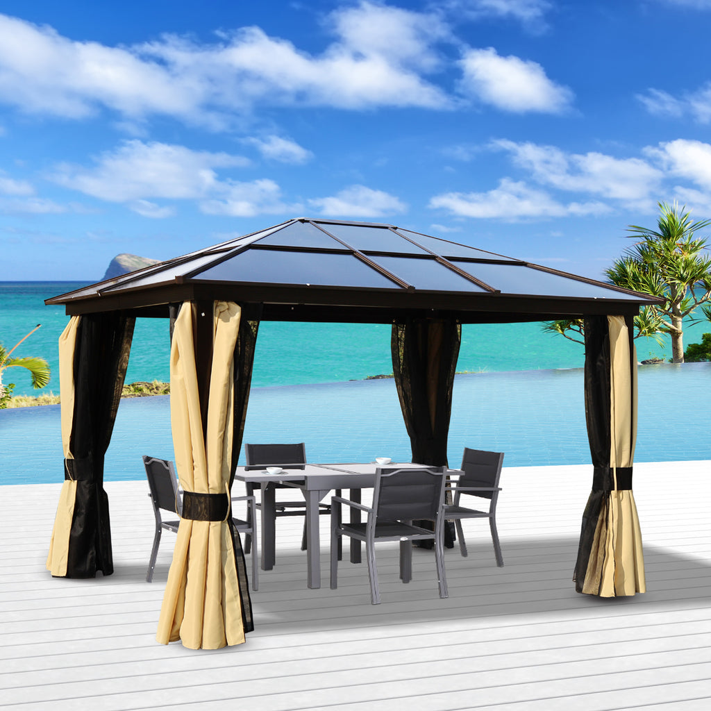 Outsunny 3.6 x 3(m) Polycarbonate Hardtop Gazebo with LED Solar Light and Aluminium Frame, Garden Pavilion with Mosquito Netting and Curtains - Inspirely