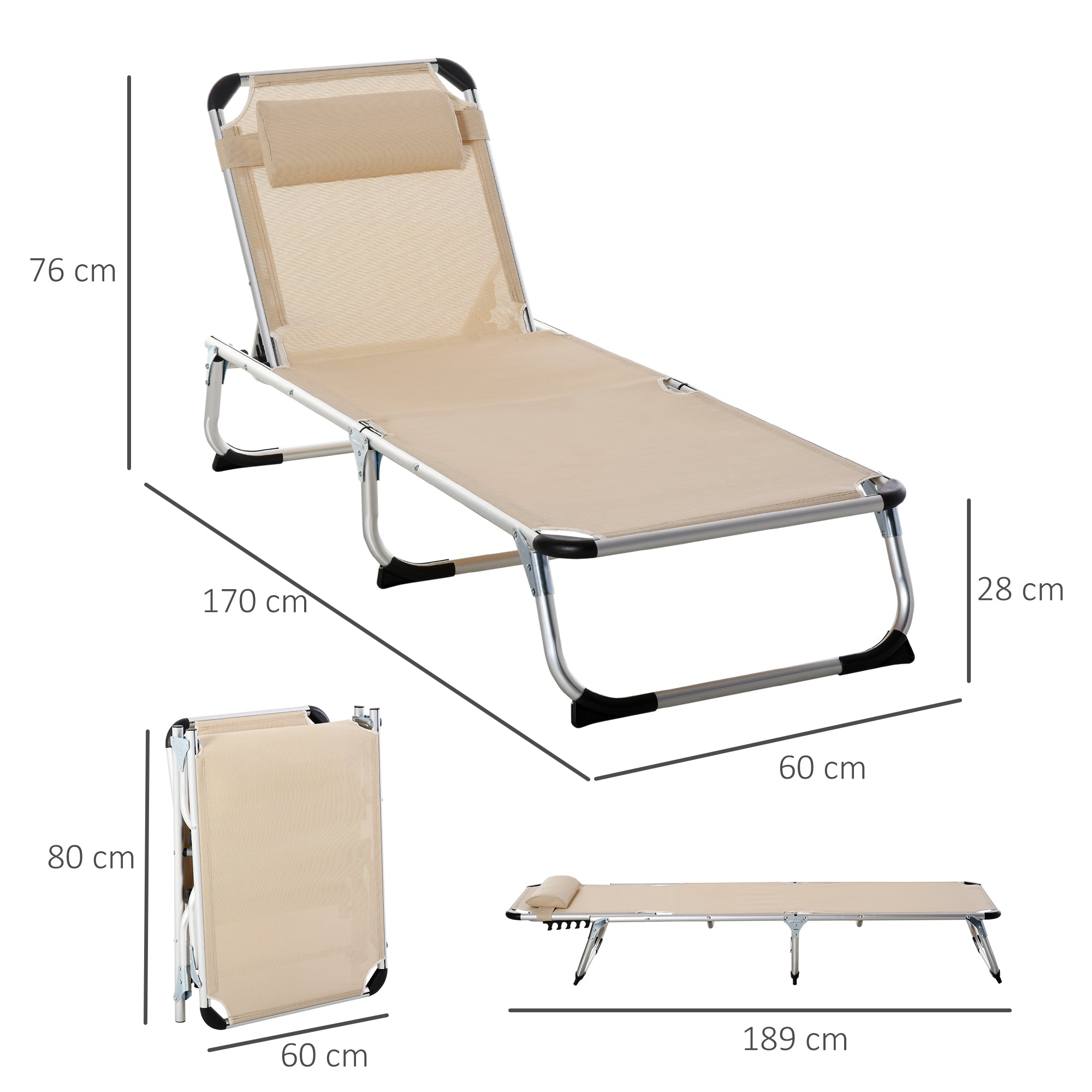 Outsunny Foldable Reclining Sun Lounger Lounge Chair Camping Bed Cot with Pillow 5-Level Adjustable Back Aluminium Frame Khaki - Inspirely