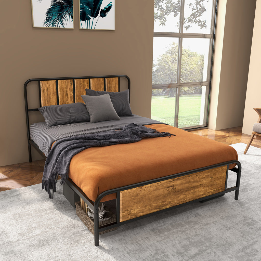 HOMCOM 25.5cm Double Bed Frame, Industrial Bed Base with Headboard, Footboard, Steel Slat Support and Under Bed Storage, 145 x 199cm, Rustic Brown