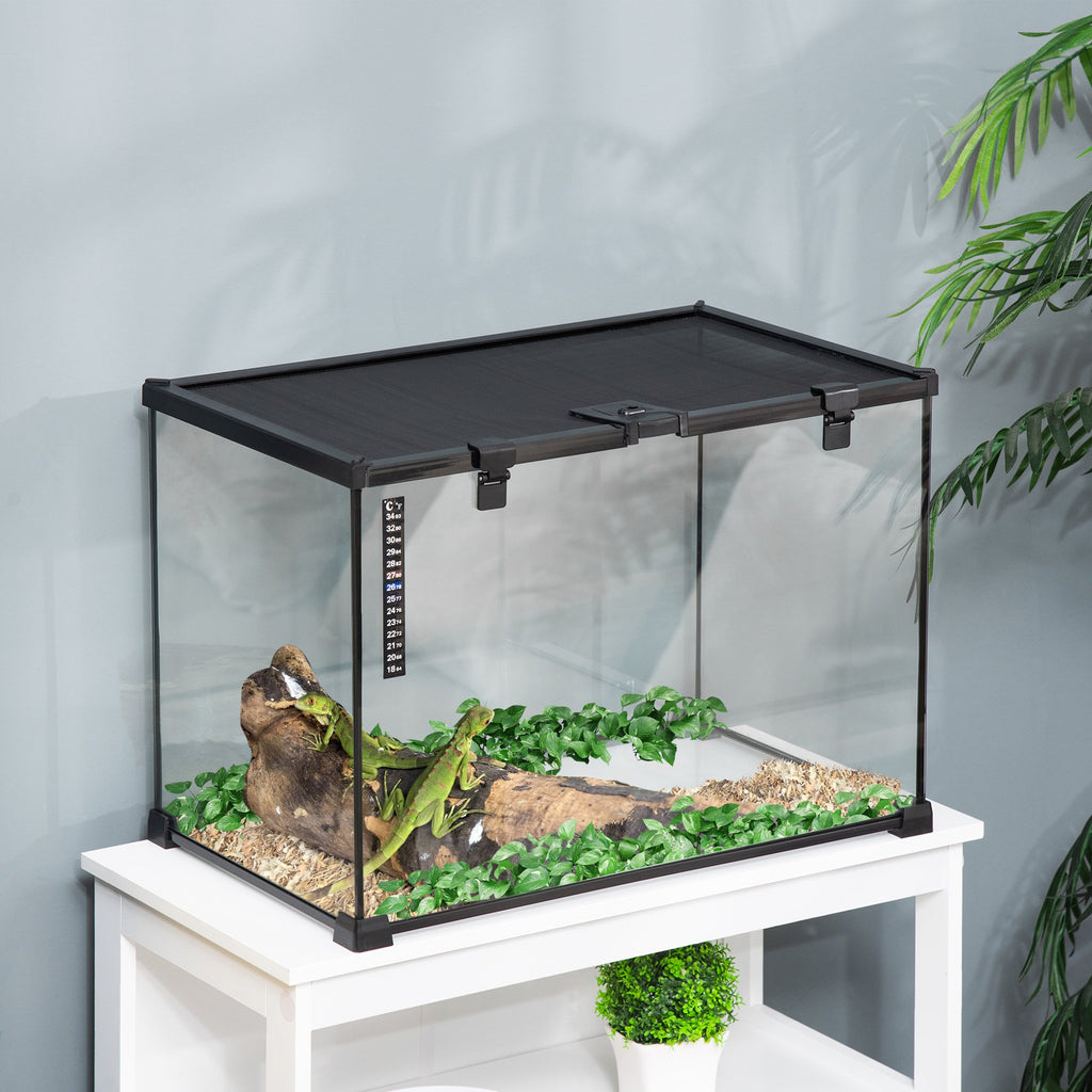 PawHut 50 x 30 x 35 cm Reptile Glass Terrarium, Reptile Breeding Tank, Climbing pet Glass Containers, Arboreal Box, with Strip Patch Thermometer-Black - Inspirely