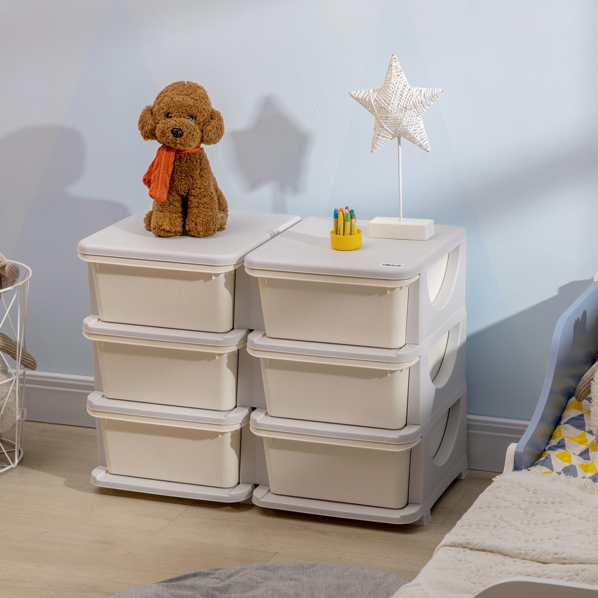 HOMCOM Kids Storage Units with 6 Drawers 3 Tier Chest Toy Organizer Cream