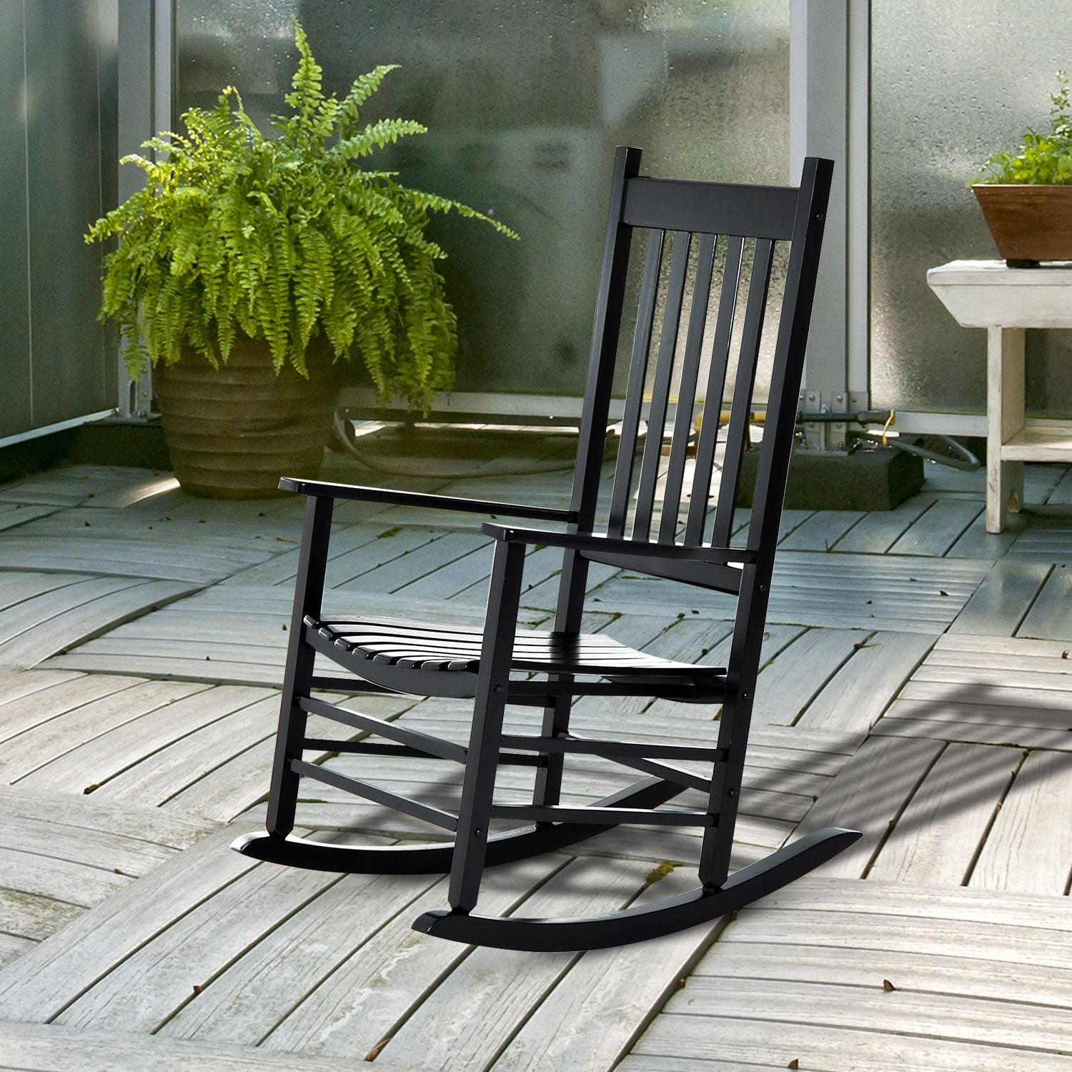 Outsunny Outdoor Porch Rocking Chair Armchair Wooden Patio Rocker Balcony Deck Garden Seat Black - Inspirely