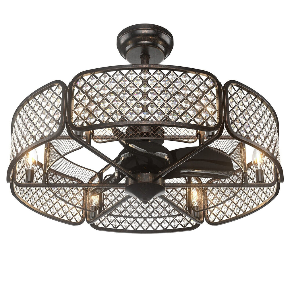 Caged Crystal Ceiling Fan Light with 6 Gear Speeds and 3 Fan Blades Coffee