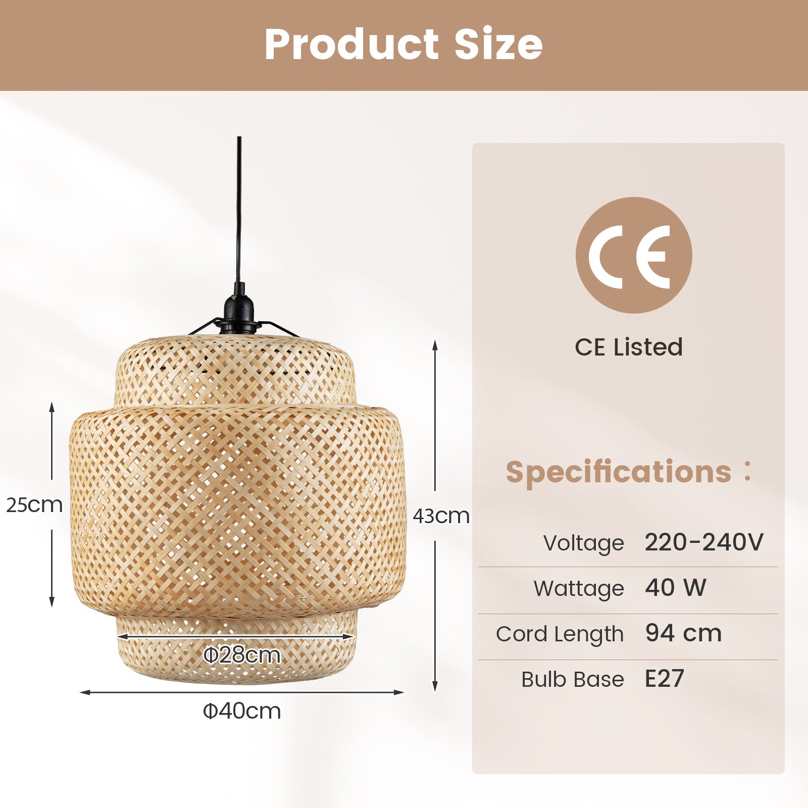 Bamboo Pendant Light with Lampshade and Plug in Cord