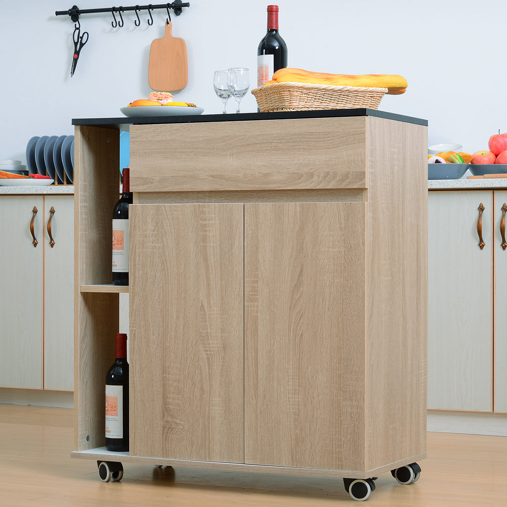 HOMCOM Kitchen Storage Trolley Cart Cupboard Rolling Island Shelves Cabinet With Door and Drawer Locking Wheels - Inspirely