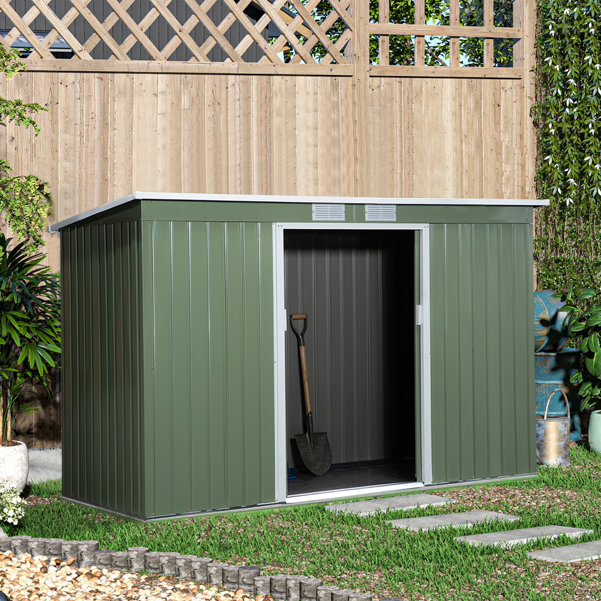 Outsunny 9 x 4.5 ft Pent Roof Metal Garden Storage Shed Corrugated Steel Tool Box with Foundation Ventilation & Doors, Light Green - Inspirely