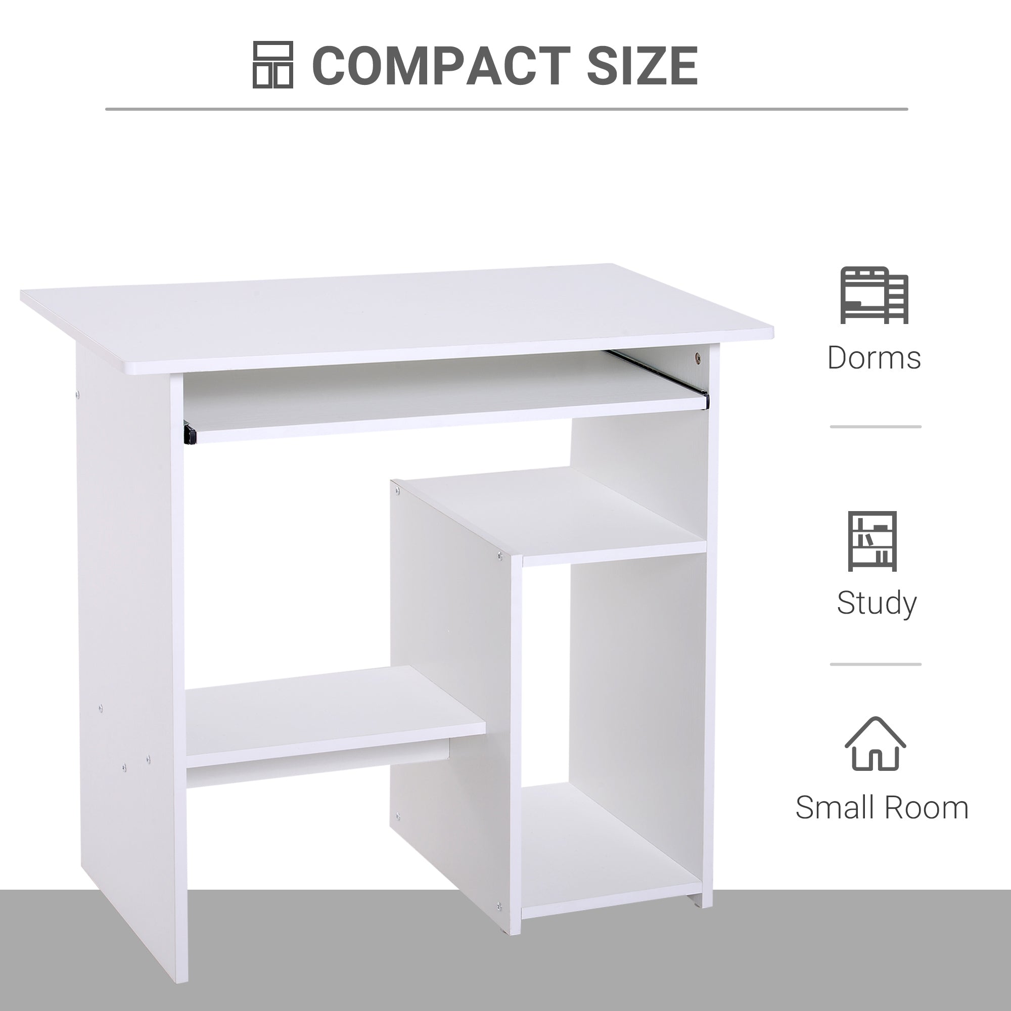 HOMCOM Compact Small Computer Table Wooden Desk Keyboard Tray Storage Shelf Modern Corner Table Home Office White - Inspirely