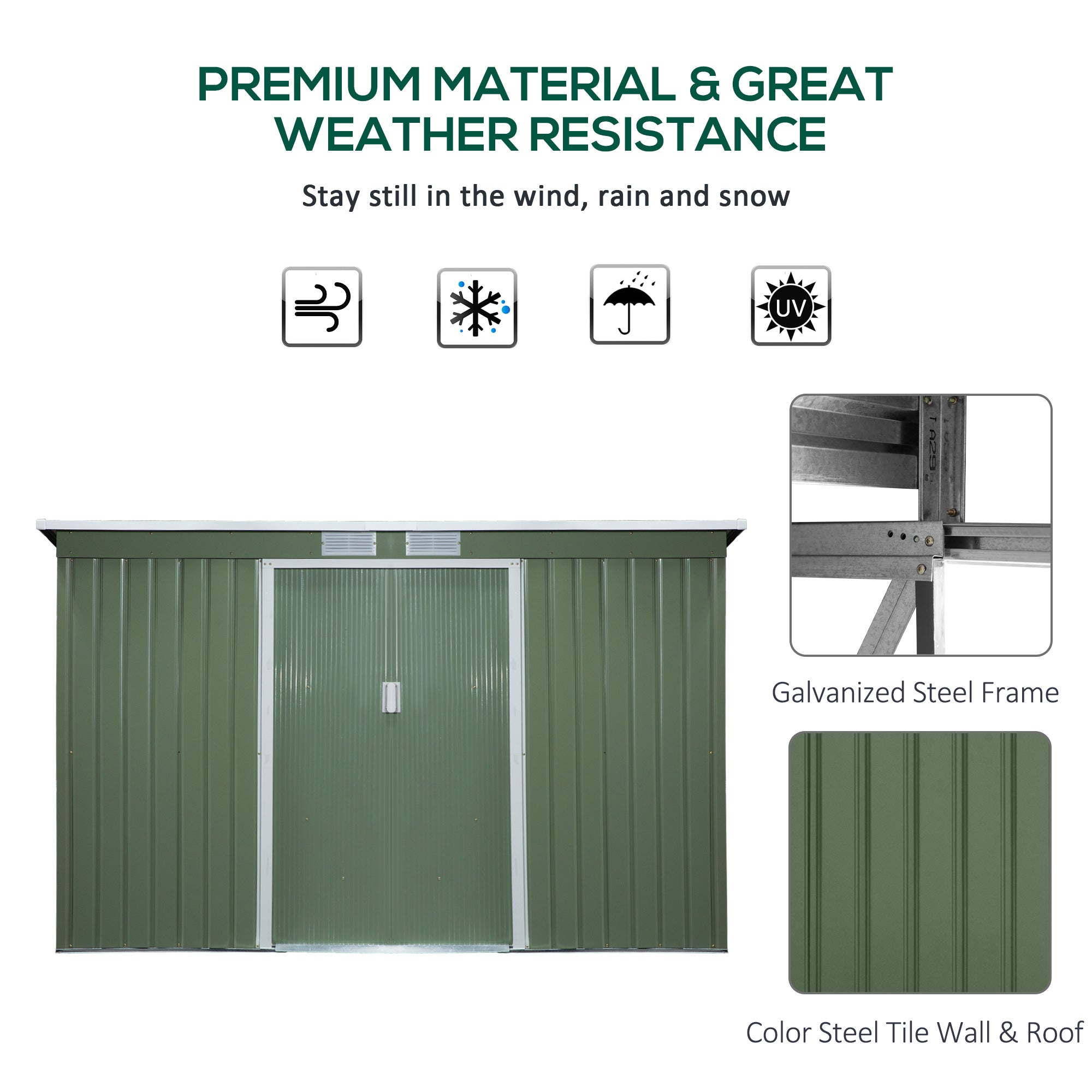 Outsunny 9 x 4.5 ft Pent Roof Metal Garden Storage Shed Corrugated Steel Tool Box with Foundation Ventilation & Doors, Light Green - Inspirely