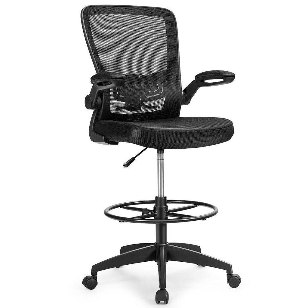 High Back Mesh Office Chair with Flip-up Armrests and Footrest Ring-Black
