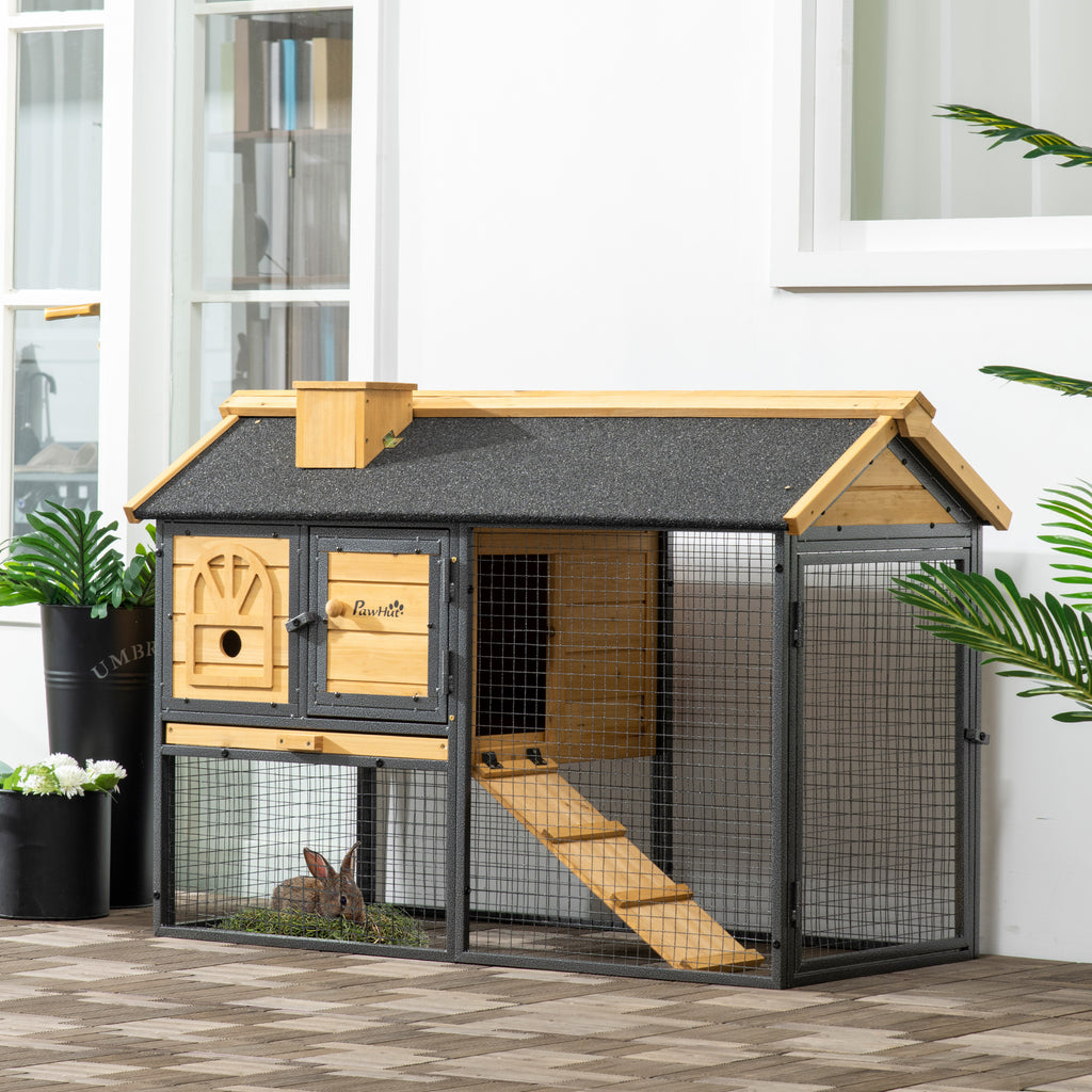 PawHut Rabbit Hutch Outdoor Bunny Cage with Run, Removable Tray, Ramp, Small Animal House, 120 x 55.5 x 80 cm