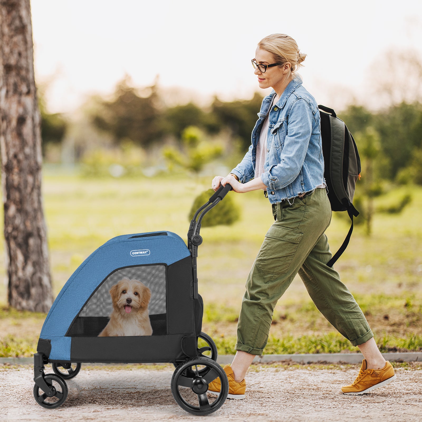 Extra Large Dog Stroller Foldable Pet Stroller with Dual Entry-Blue