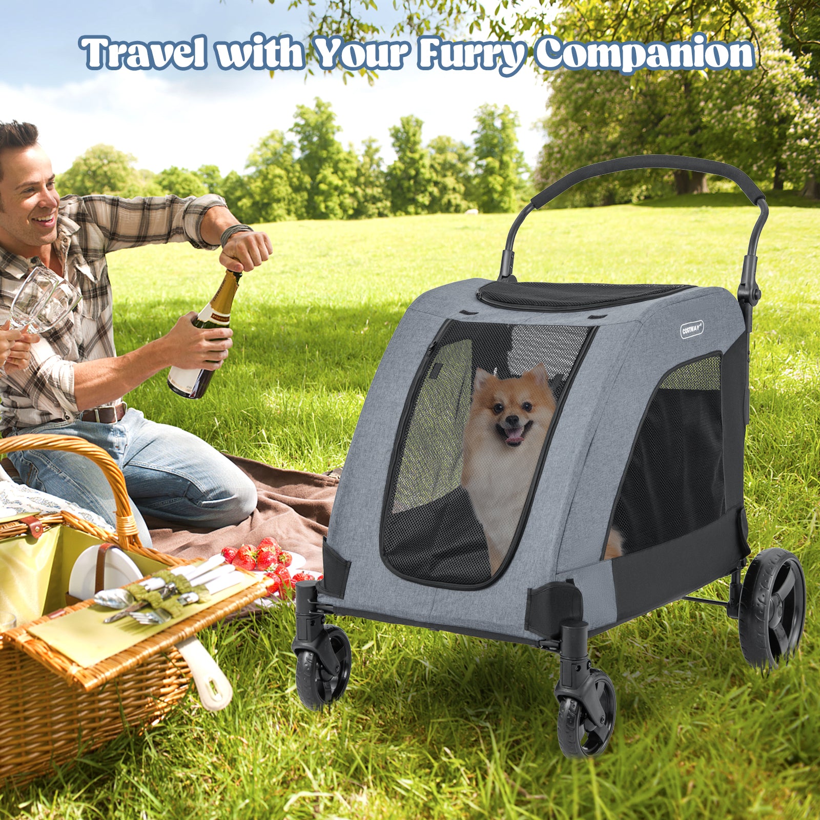 Extra Large Dog Stroller Foldable Pet Stroller with Dual Entry-Grey
