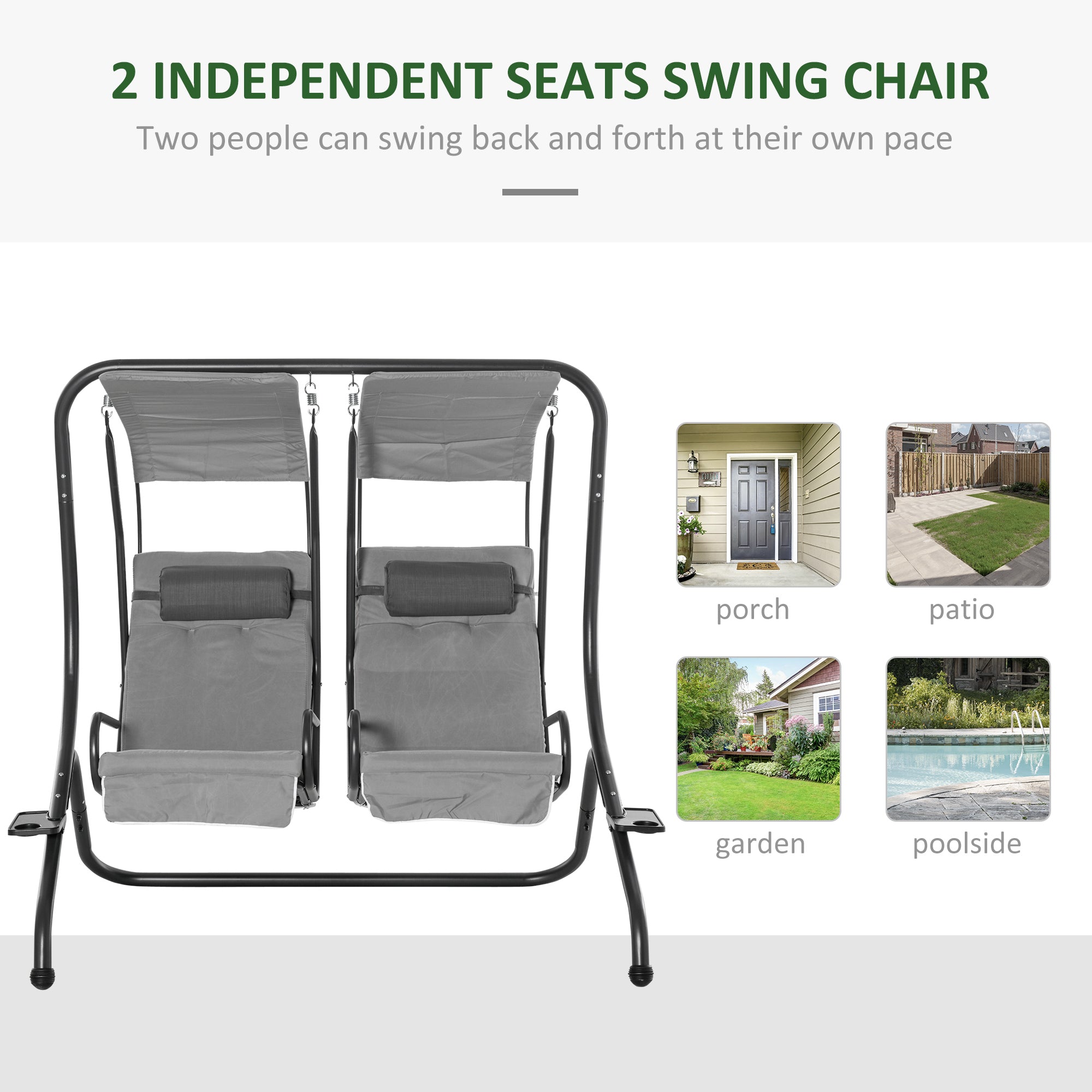 Outsunny Double Seat Swing Chair Modern Garden Swing w/ 2 Separate Relax Chairs, Handrails, Headrests and Removable Canopy, Grey - Inspirely