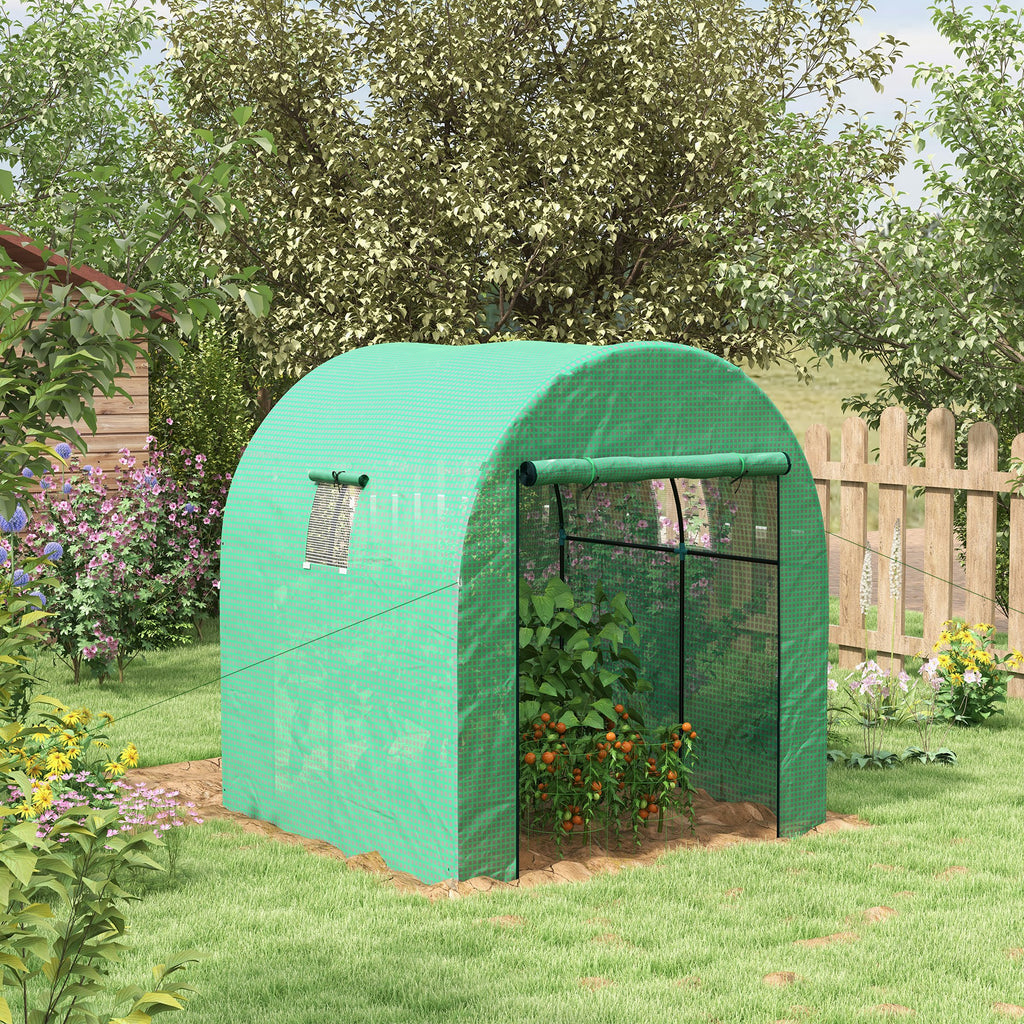 Outsunny Polytunnel Greenhouse Walk-in Grow House with UV-resistant PE Cover, Doors and Mesh Windows, 1.8 x 1.8 x 2m, Green