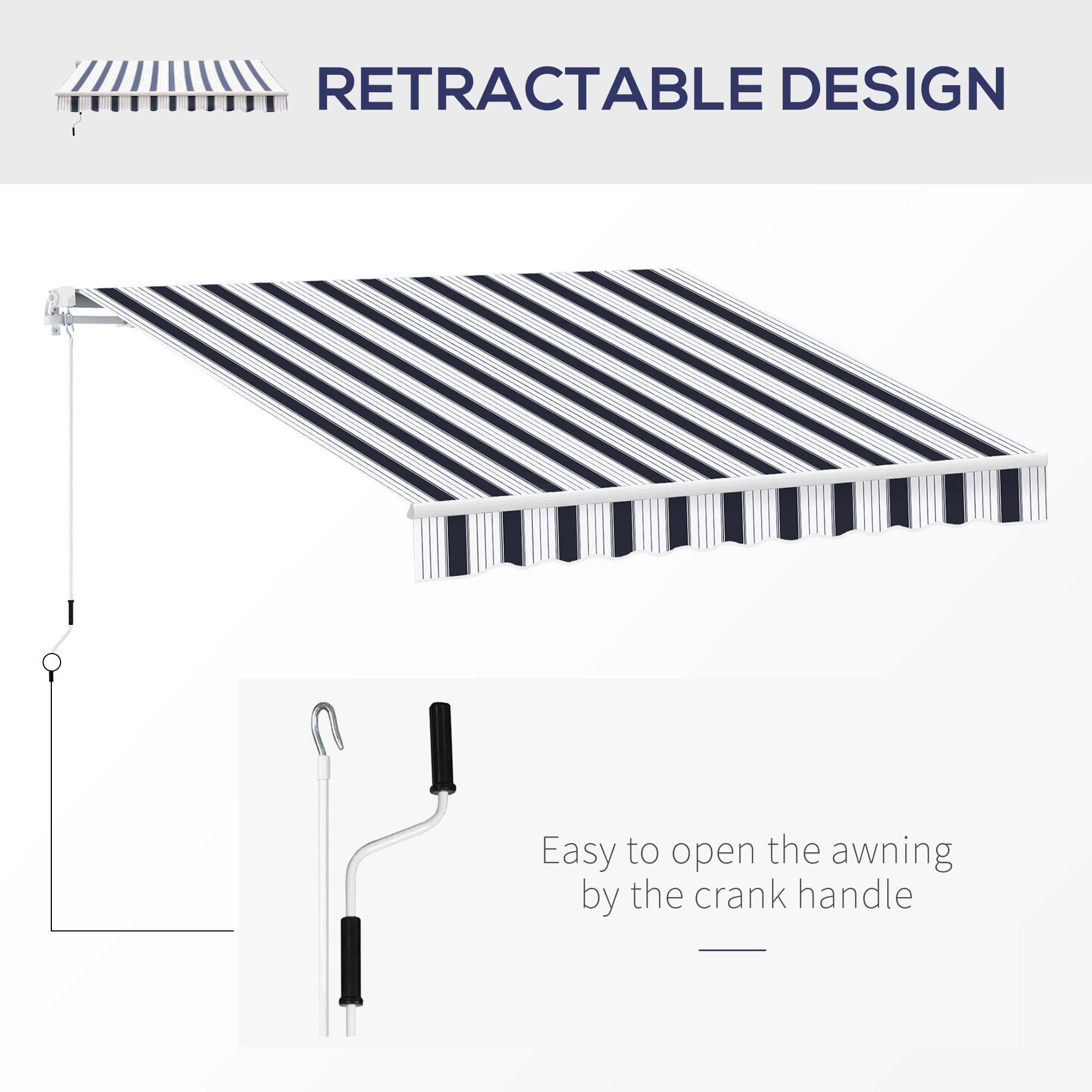 Outsunny 2.5m x 2m Garden Patio Manual Awning Canopy Sun Shade Shelter Retractable with Winding Handle Blue White - Inspirely