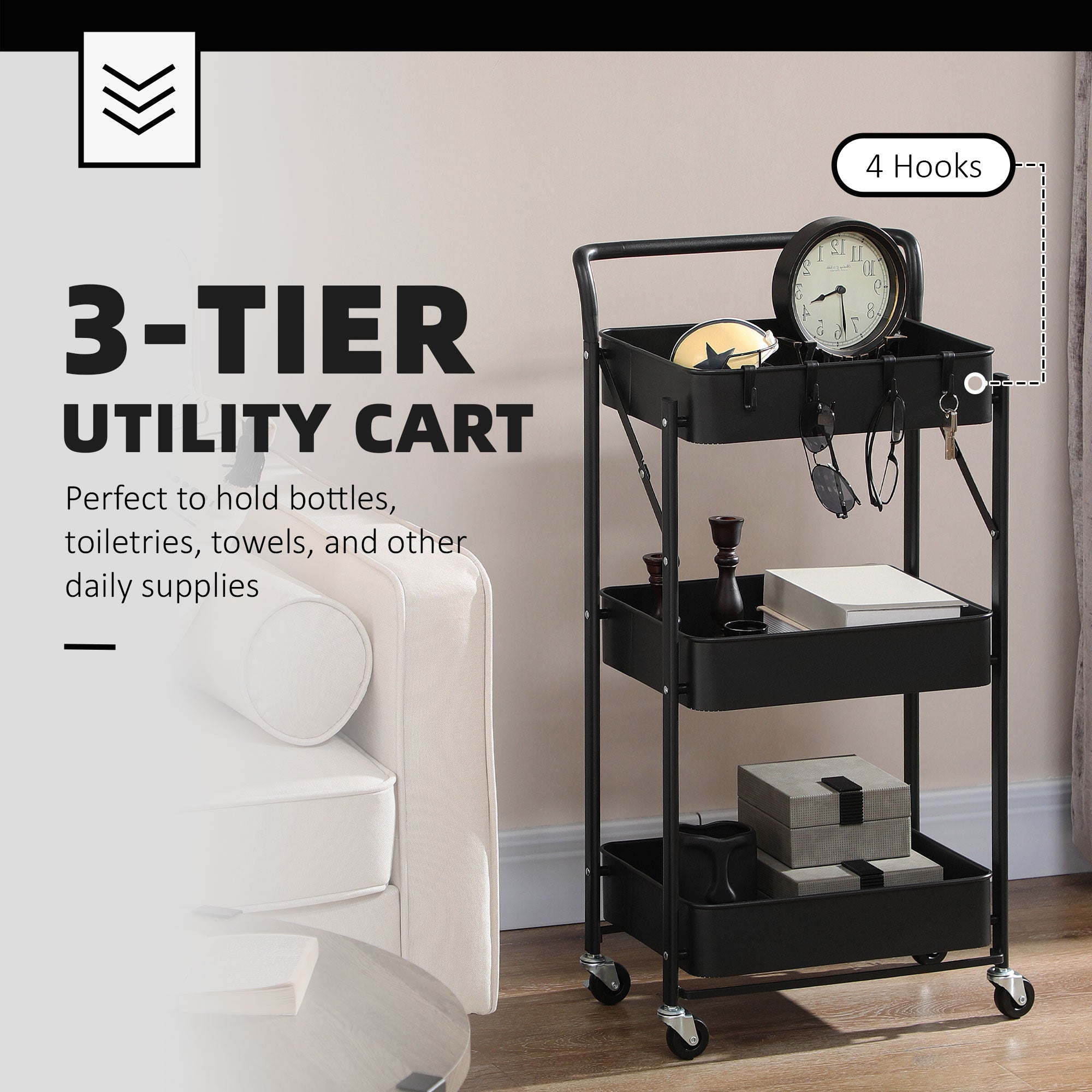 HOMCOM 3 Tier Storage Trolley Cart, Foldable Rolling Utility Cart with 3 Mesh Baskets, 4 Removable Hooks for Living Room, Laundry and Kitchen, Black