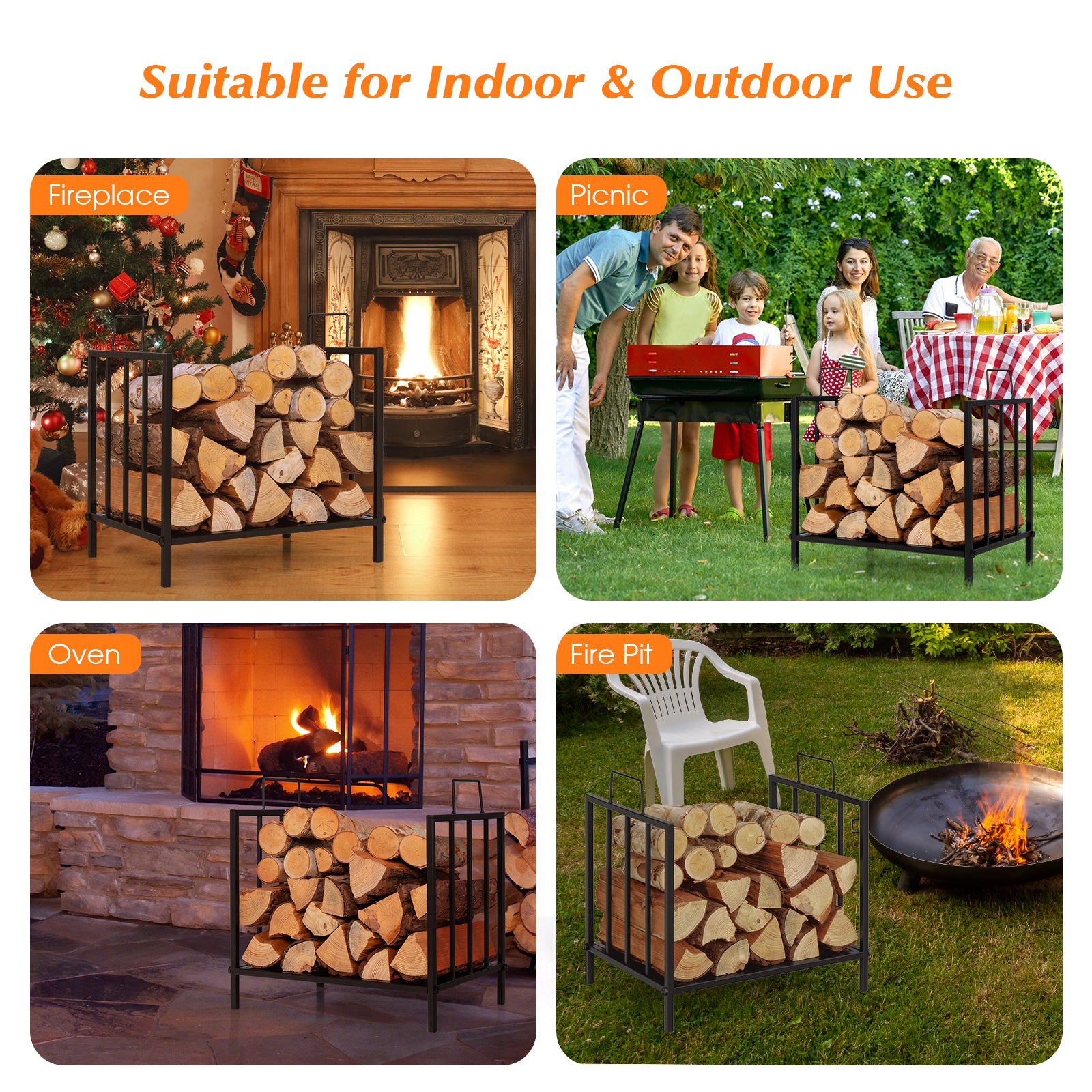 Firewood Log Rack with Convenient Handle and Raised Feet for Fireplace, Stove