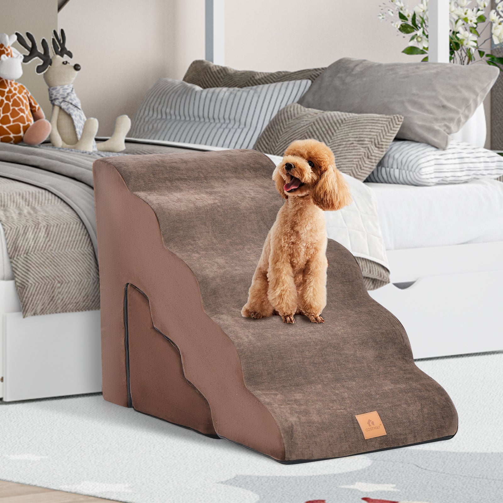 Foam Pet Stairs Set with 5-Tier and 3-Tier Dog Ramps-Brown