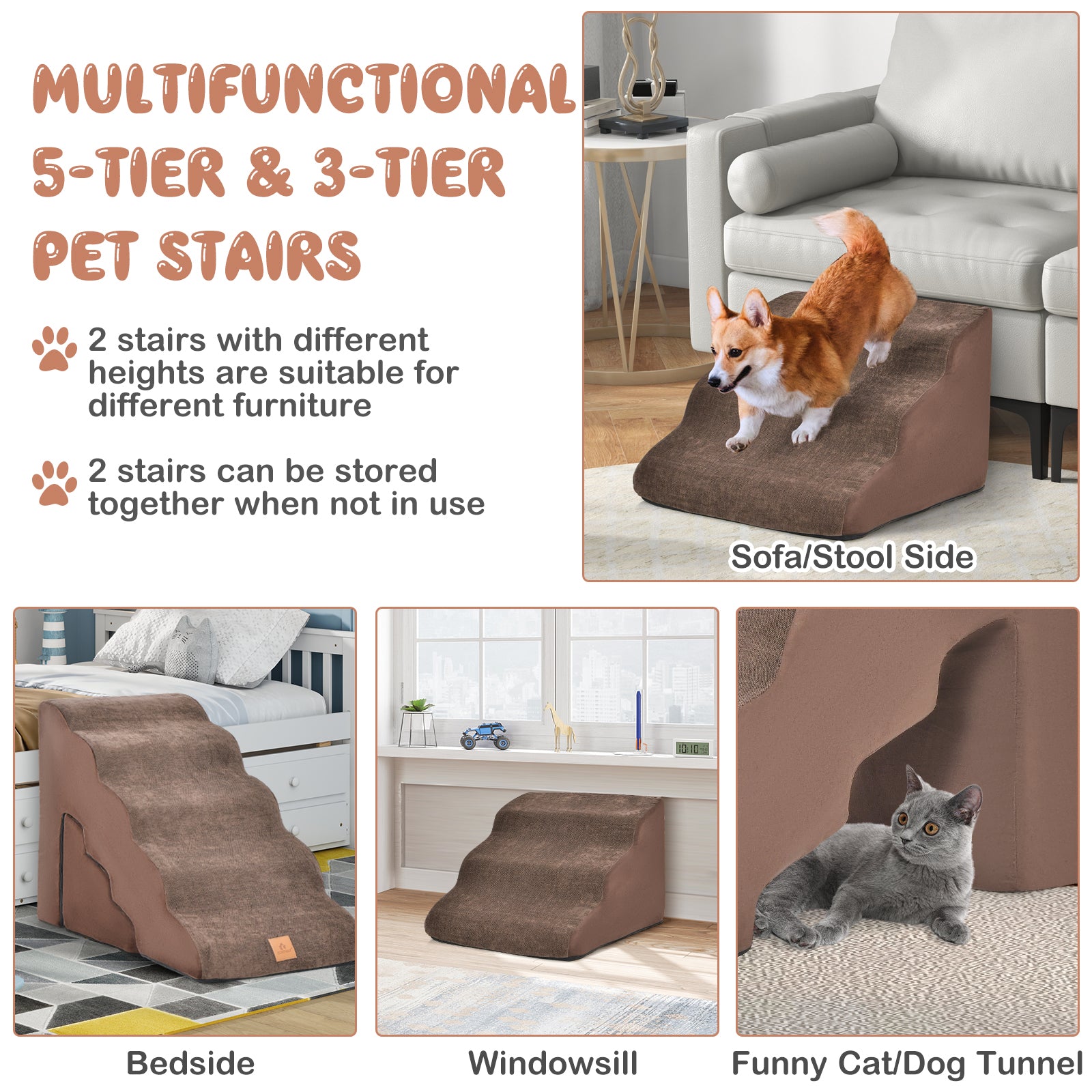 Foam Pet Stairs Set with 5-Tier and 3-Tier Dog Ramps-Brown