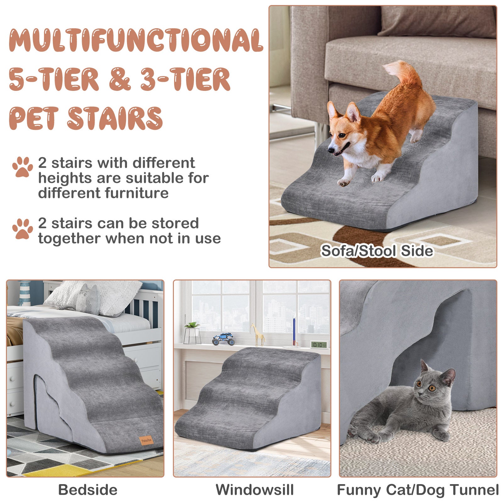 Foam Pet Stairs Set with 5-Tier and 3-Tier Dog Ramps-Grey