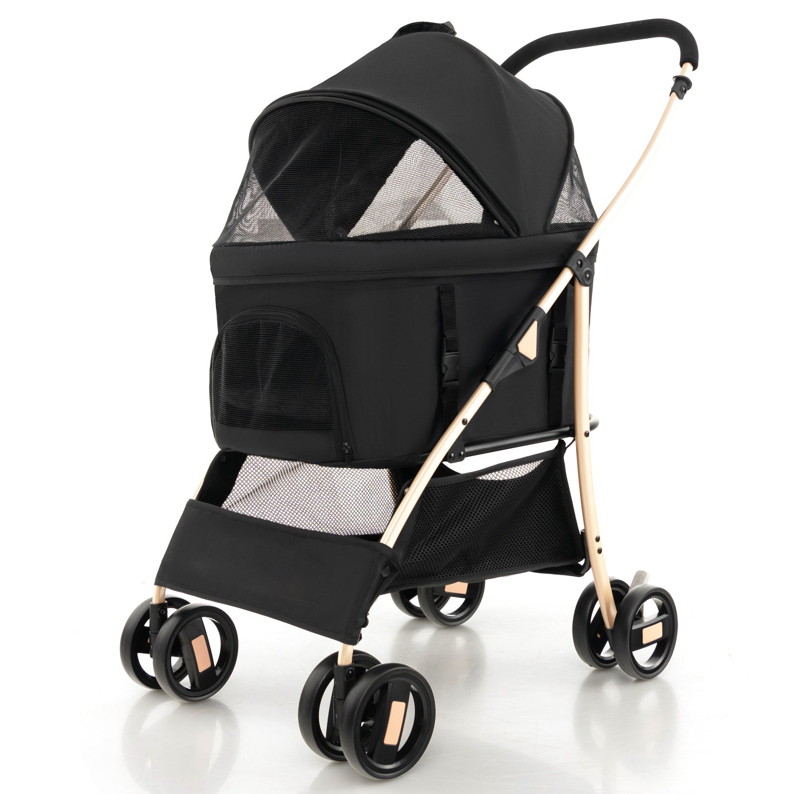 Foldable Pet Stroller with 4-Level Adjustable Canopy and Storage Basket-Black & Gold