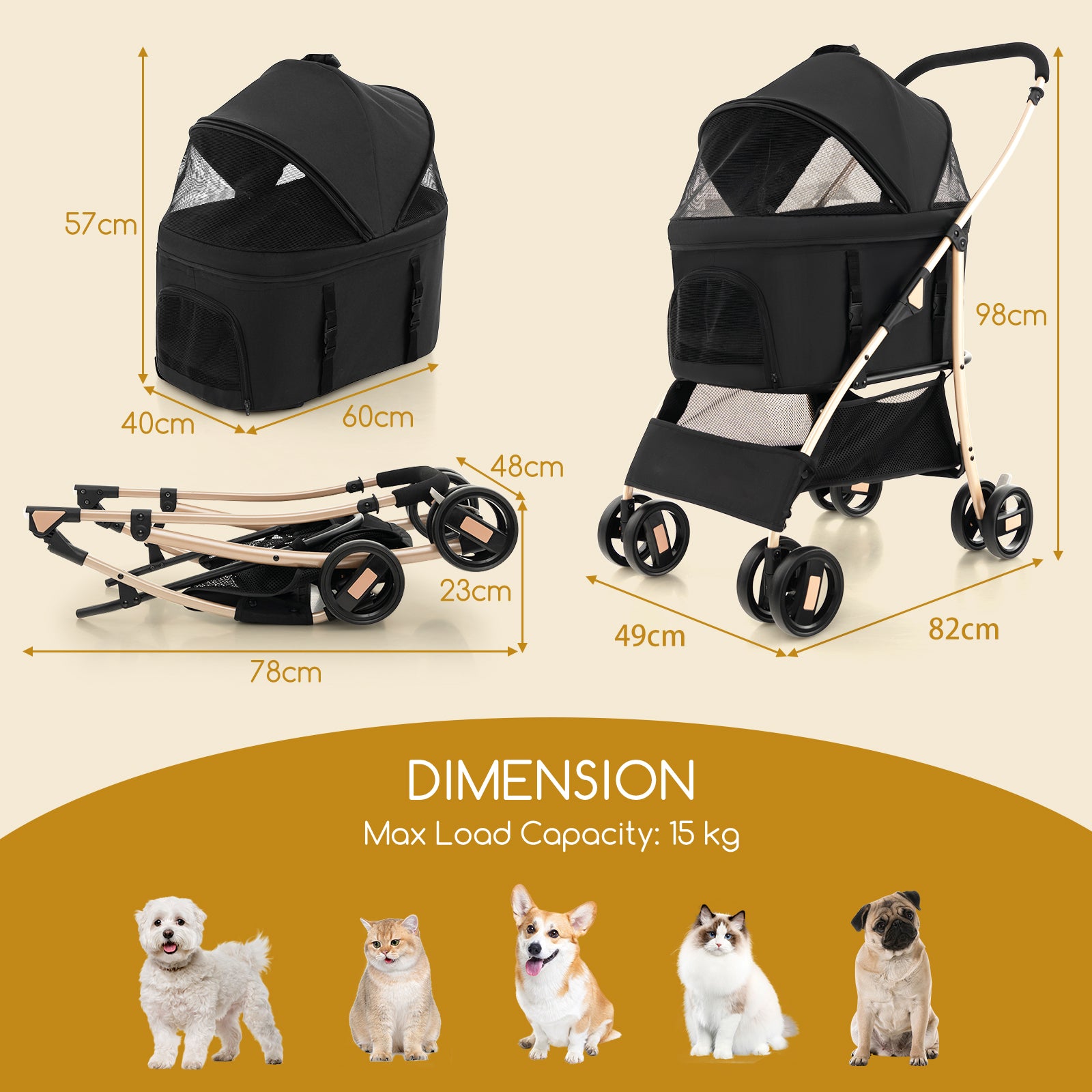 Foldable Pet Stroller with 4-Level Adjustable Canopy and Storage Basket-Black & Gold