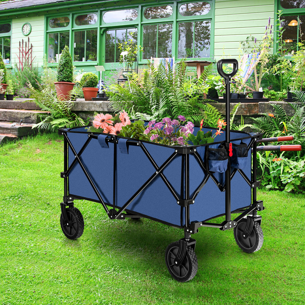 Folding Camping Wagon with Cup Holders and Adjustable Handle-Navy