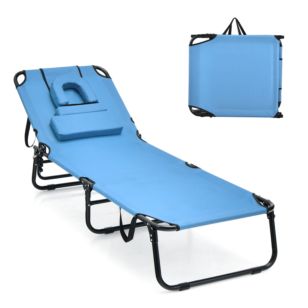 Folding Chaise Lounge Chair with Face Hole and Removable Pillows-Blue