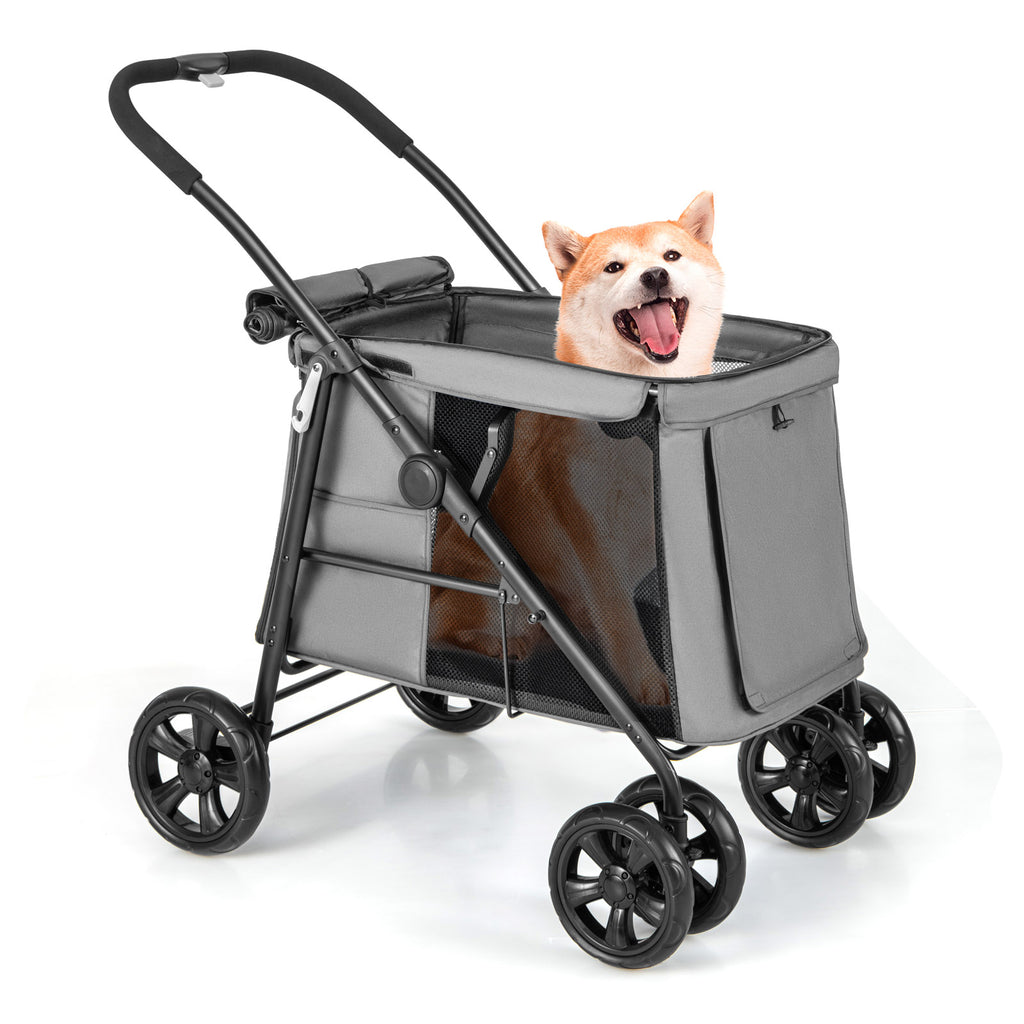 Folding Pet Stroller with Pockets and Skylight for Small Medium Pets-Grey