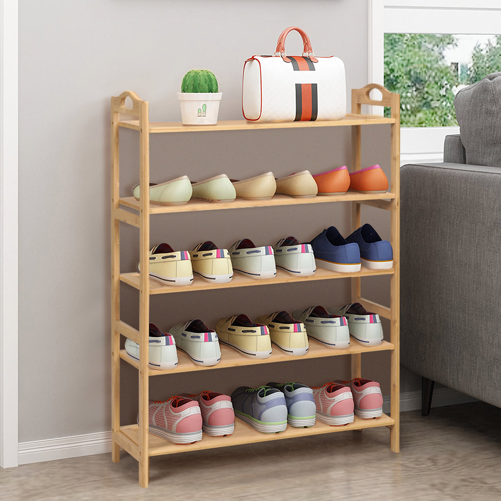 5-Tier Free Standing Bamboo Shoe Rack with Two Rounded Handles-Natural