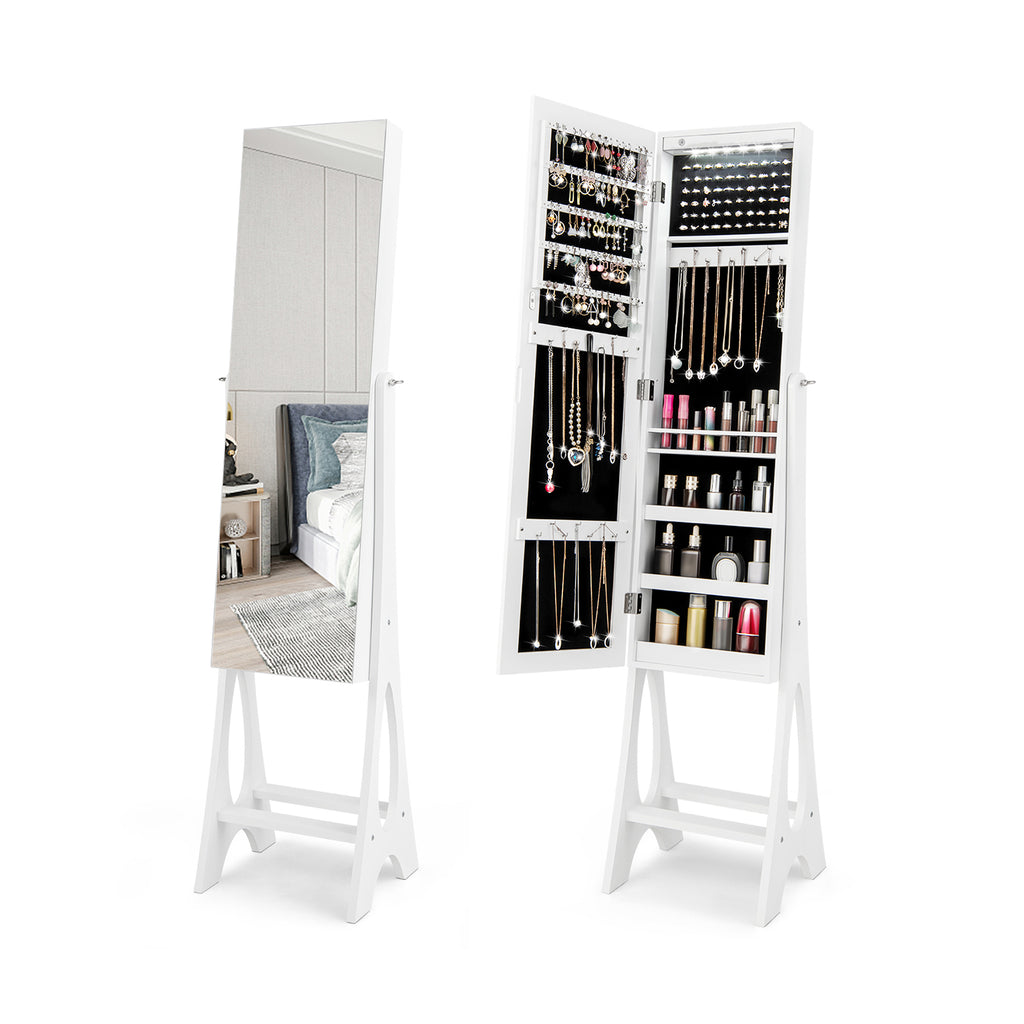 Freestanding Mirror Jewelry Cabinet with Full Length Frameless Mirror-White