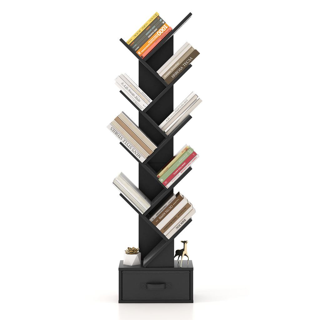10-Tier Freestanding Tree Bookshelf with Drawer-Black