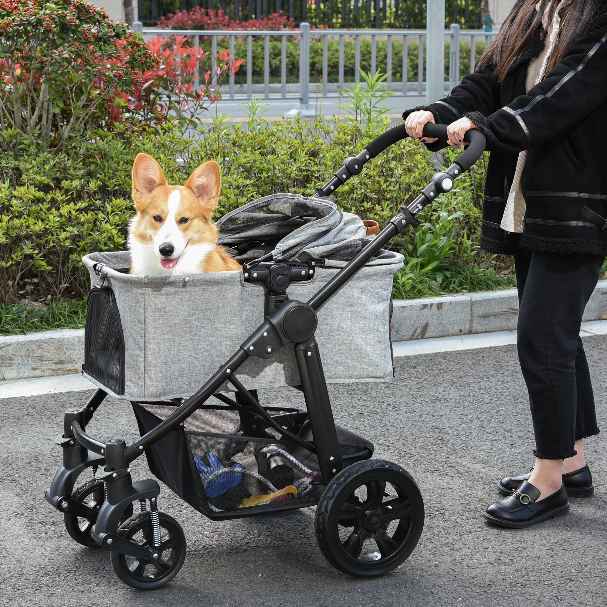 2-In-1 Pet Stroller Trolley, Shock-absorbing System Brake Basket - Inspirely