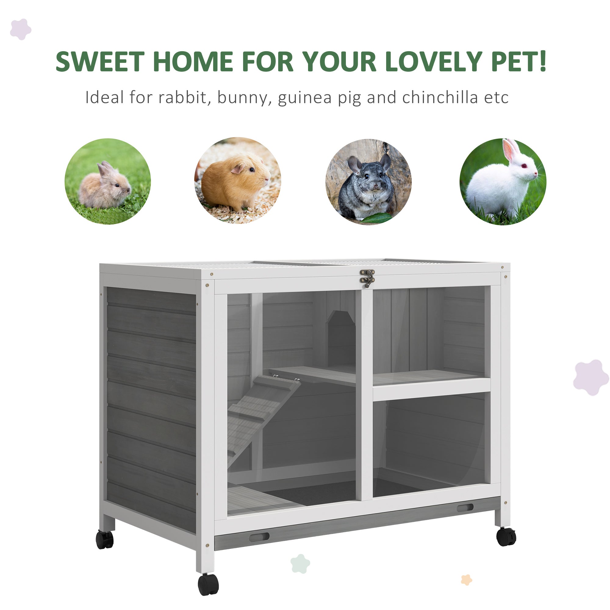 PawHut Wooden Rabbit Hutch Guinea Pigs House Bunny Small Animal Cage w/ Pull-out Tray Openable Roof Wheels 91.5 x 53.3 x 73 cm - Inspirely