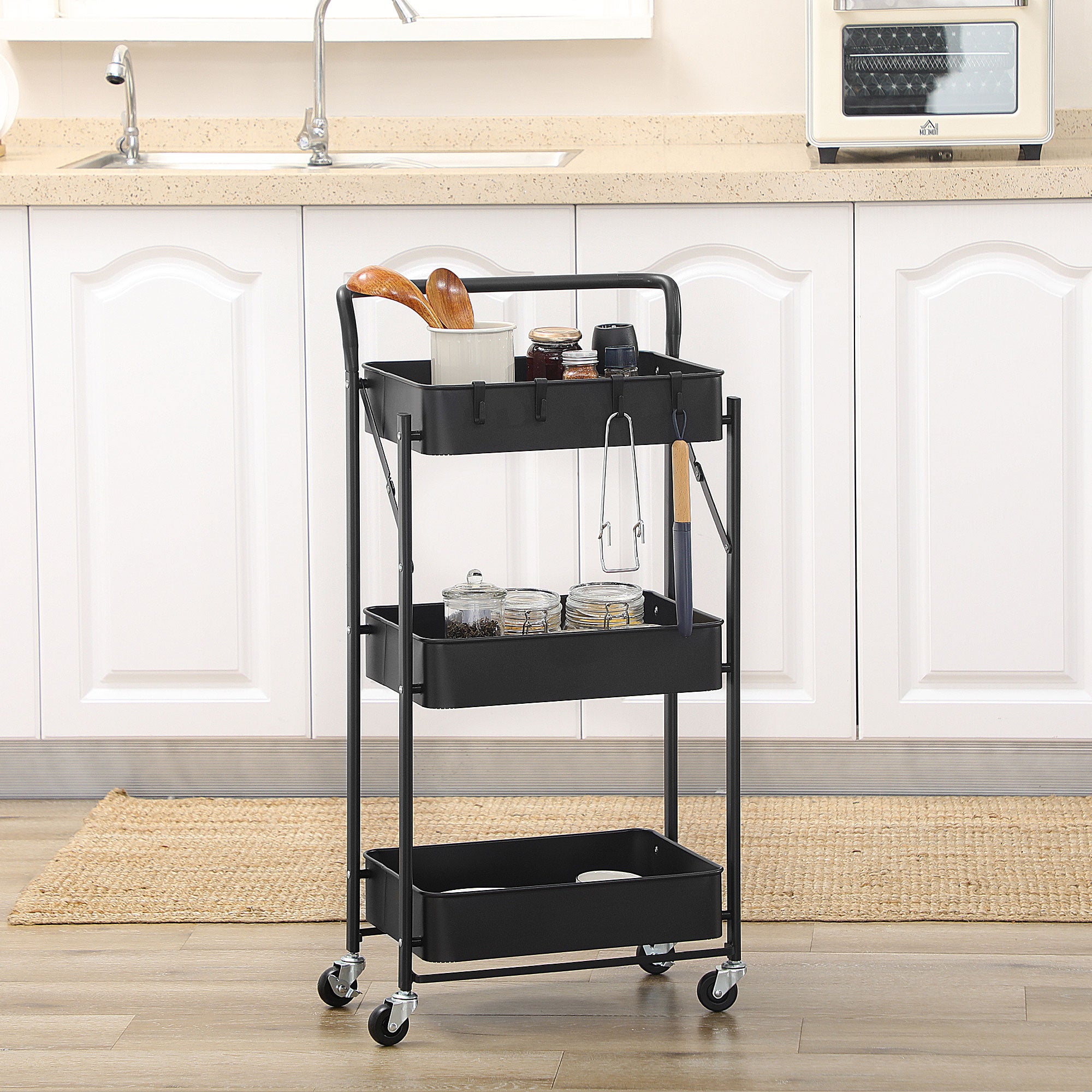 HOMCOM 3 Tier Storage Trolley Cart, Foldable Rolling Utility Cart with 3 Mesh Baskets, 4 Removable Hooks for Living Room, Laundry and Kitchen, Black
