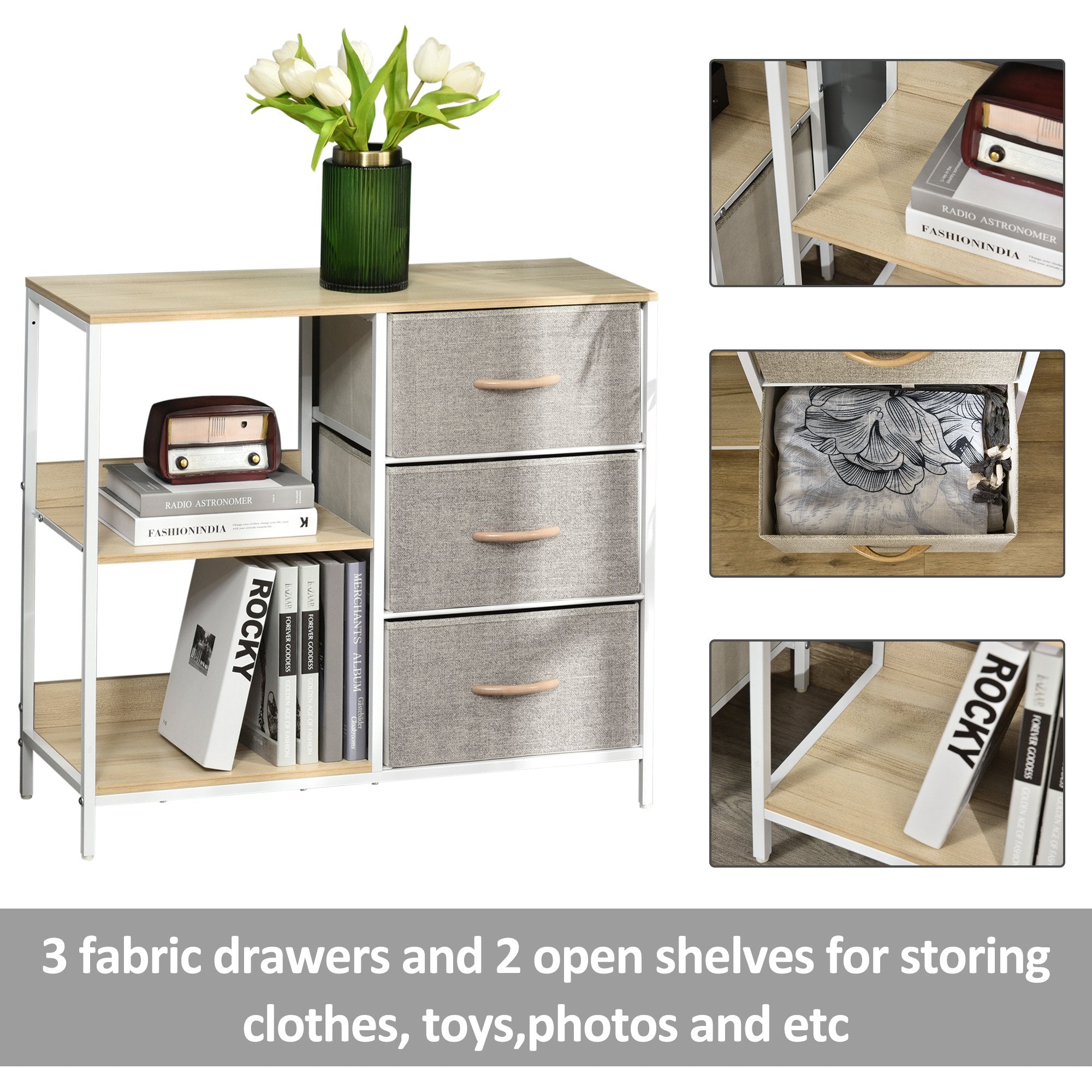 HOMCOM Chest of Drawers Storage  Dresser Cabinet Organizer with 3 Fabric Drawers and 2 Display Shelves for Living Room, Bedroom, Hallway, Beige - Inspirely