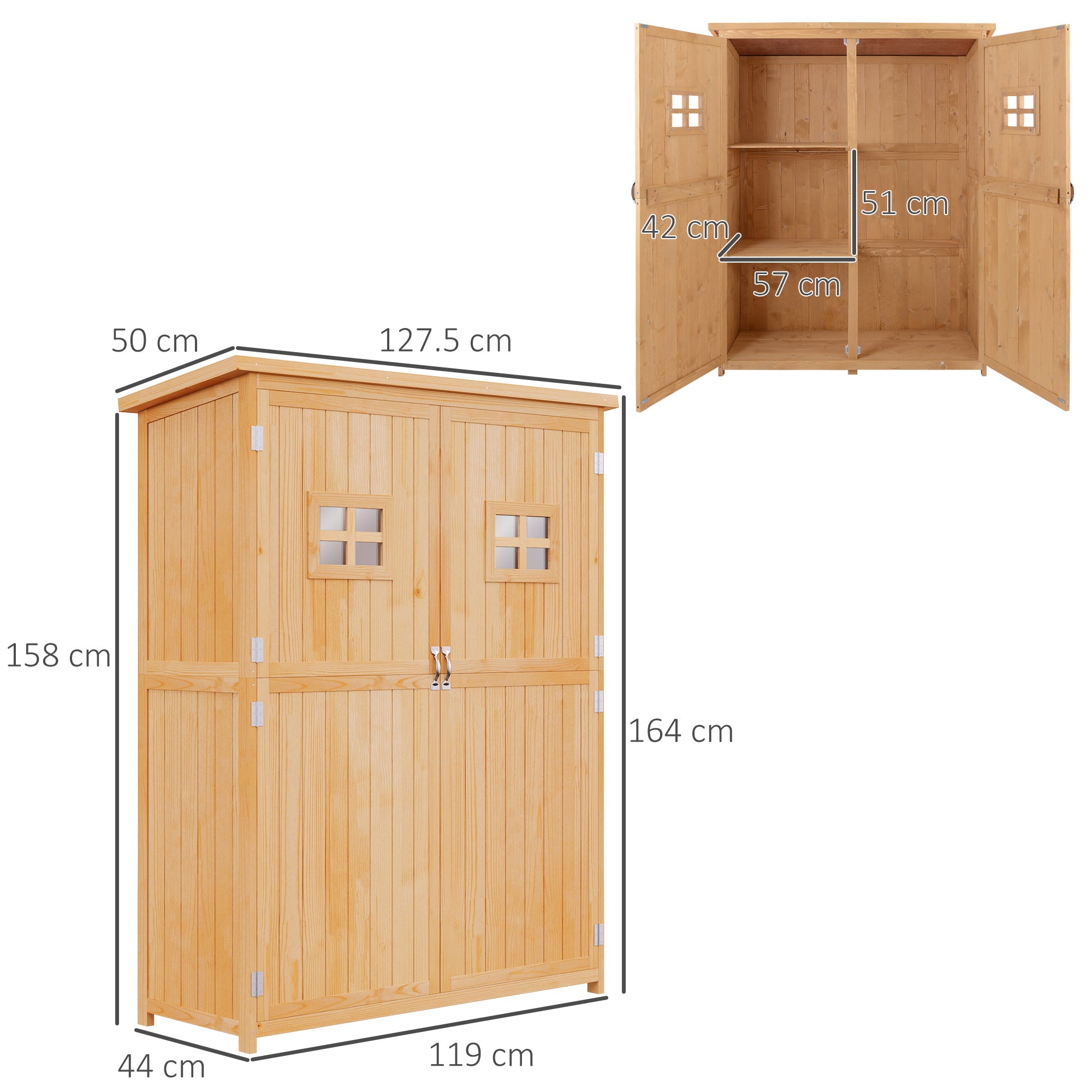 Outsunny Wooden Garden Storage Shed Tool Cabinet Organiser with Shelves, Two Windows, 127.5 x 50 x 164 cm, Natural