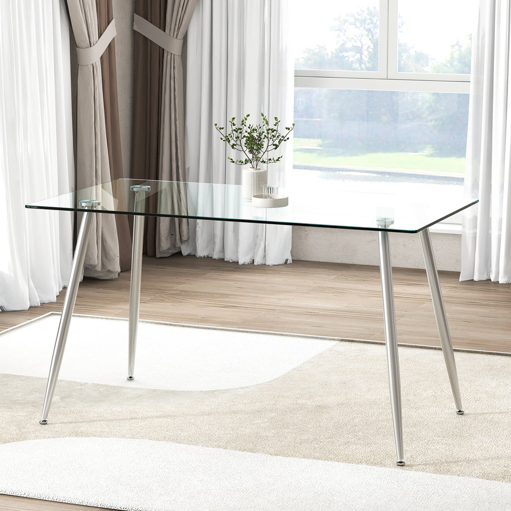 Glass Dining Table with Tempered Glass Table Top-Silver