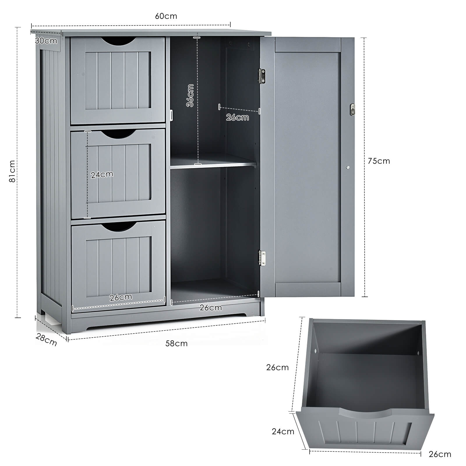 1 Door Freestanding Bathroom Cabinet with 3 Drawers Grey