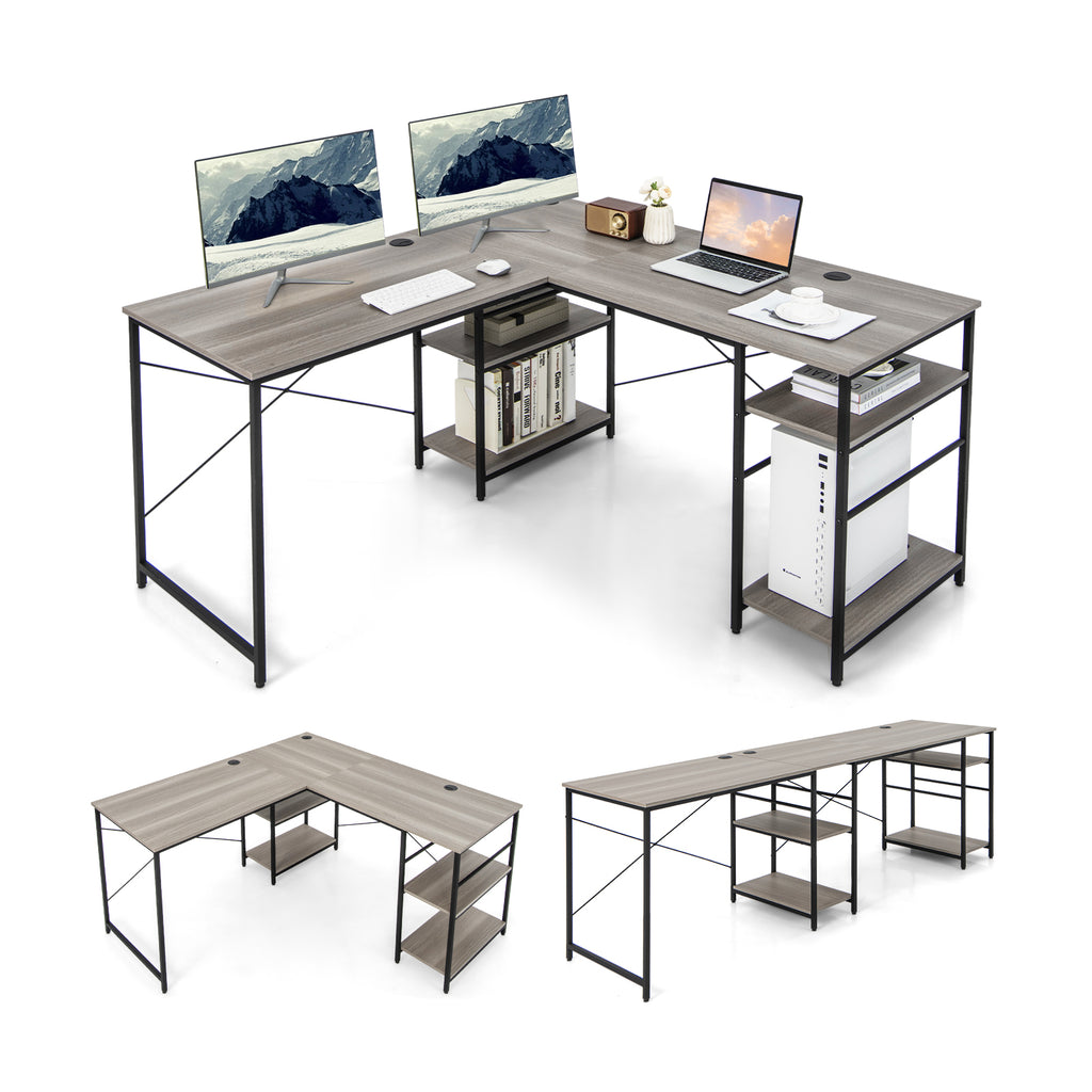 Wooden Industrial L-Shaped Desk with Storage Shelves-Grey