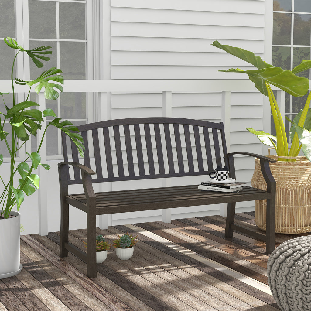 Outsunny Garden Bench, Outdoor Metal Bench with Slatted Seat and Backrest, Curved Armrest, for Conservatory, Garden, Poolside, Deck, Brown
