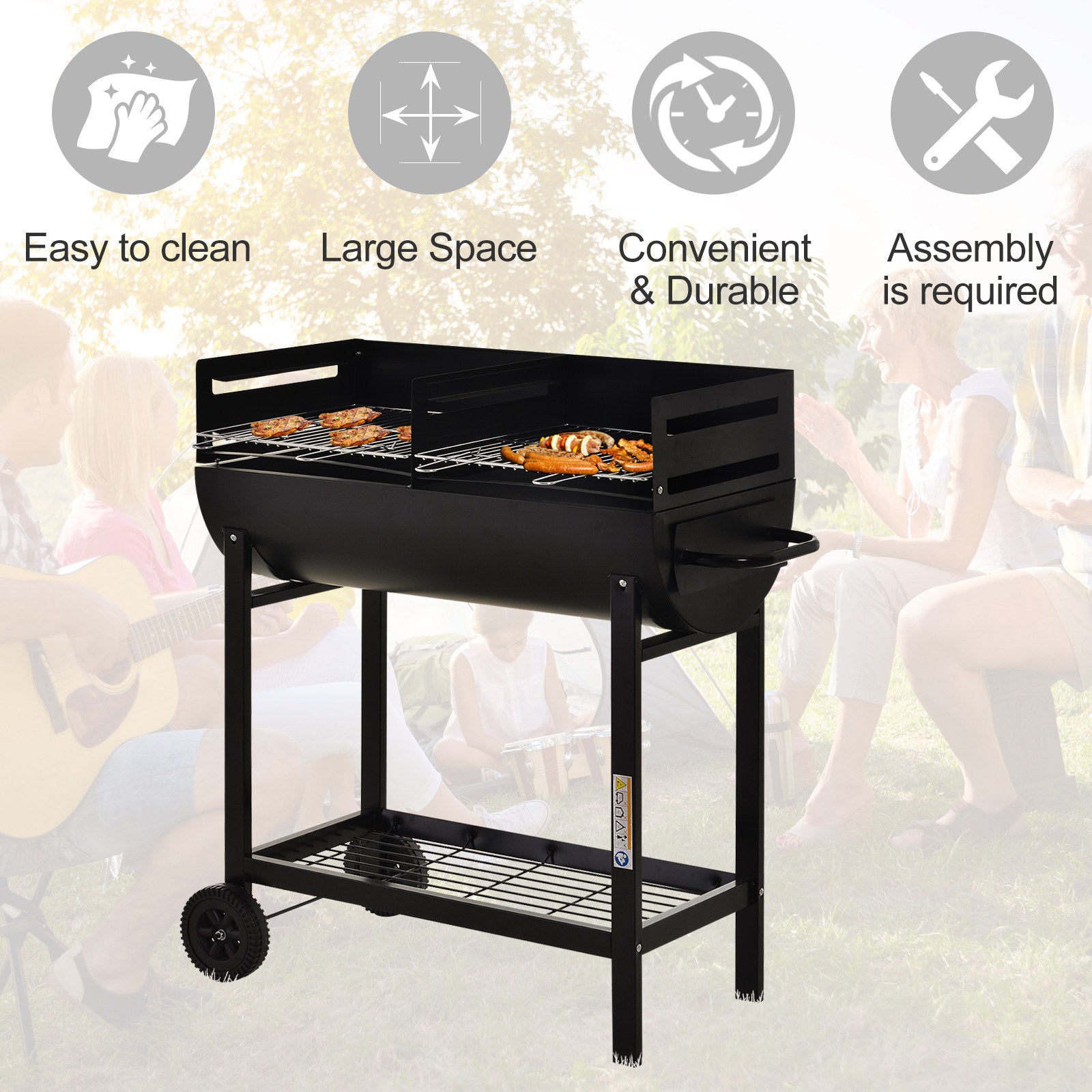 Outsunny Charcoal Barbecue Grill Garden BBQ Trolley w/ Dual Grill, Adjustable Grill Nets, Heat-resistant Steel, Wheels, Black