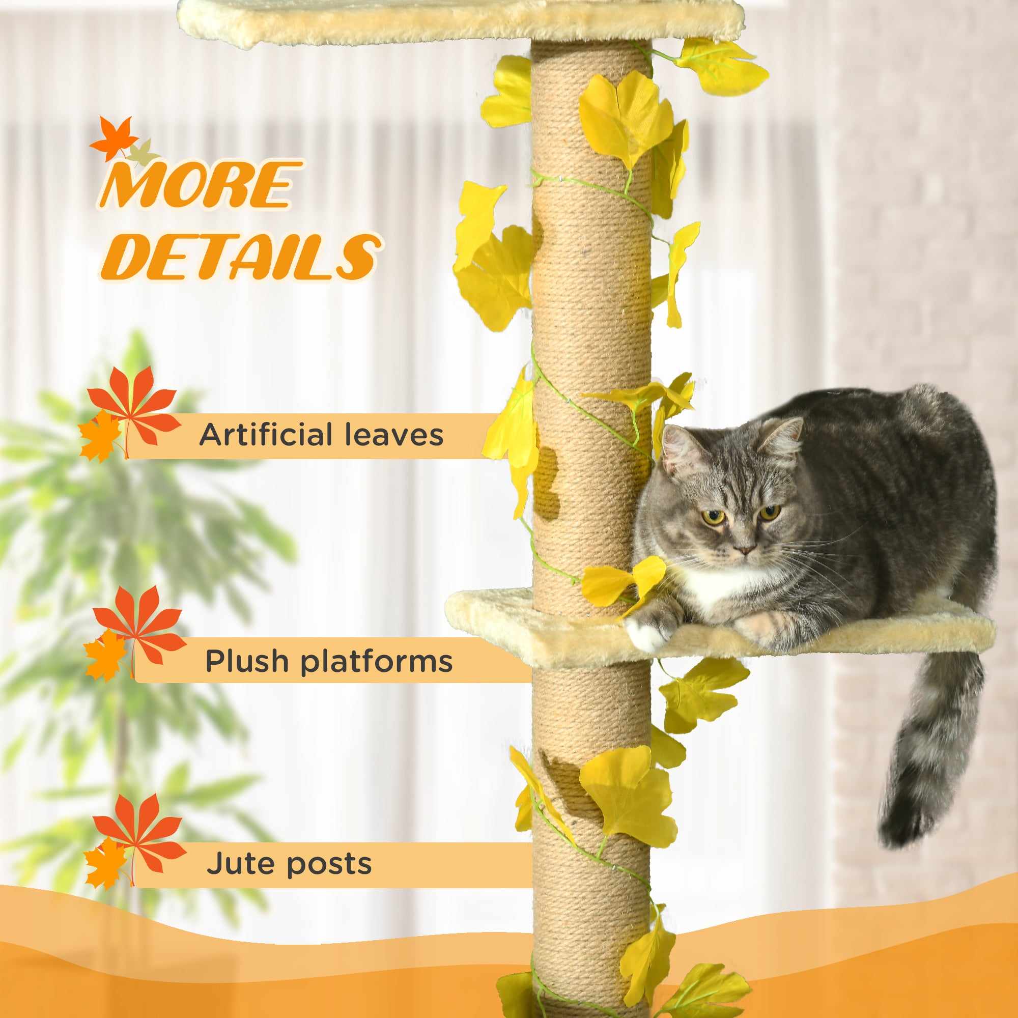 PawHut 202-242cm Height Adjustable Floor to Ceiling Cat Tree for Indoor Cats with Sisal Scratching Post, 3- Tier Cat Tower Climbing Activity Centre with Platforms, Leaves, Yellow