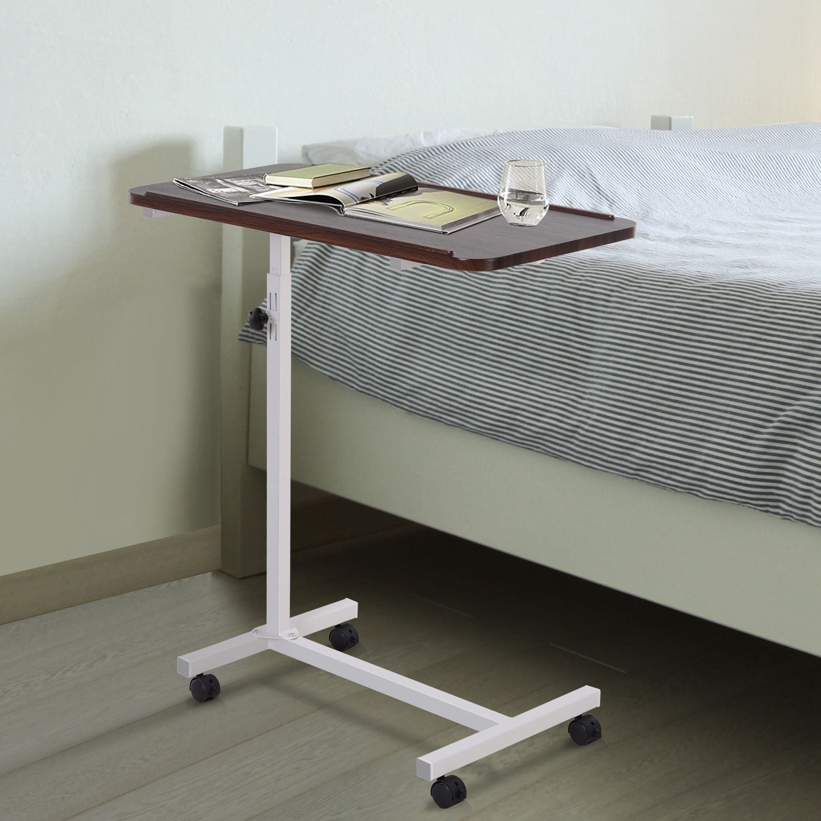 Multipurpose Overbed/Chair Table, 4 Castors-White/Brown - Inspirely