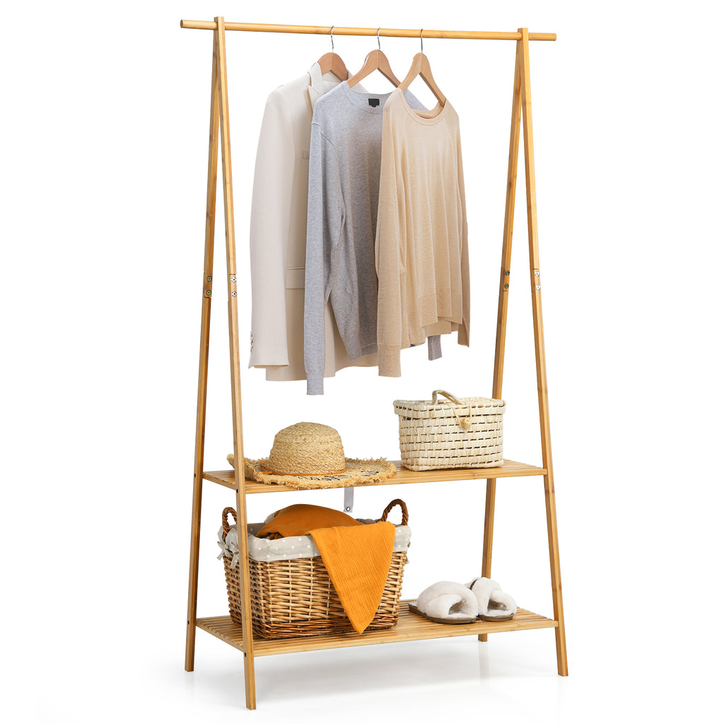 Bamboo Garment Rack with Hanging Rod 2 Shelves and Hooks-Natural