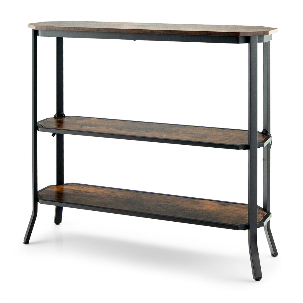  3 Tier Industrial Console Table with Storage Shelf for Home Living Room Rustic Brown